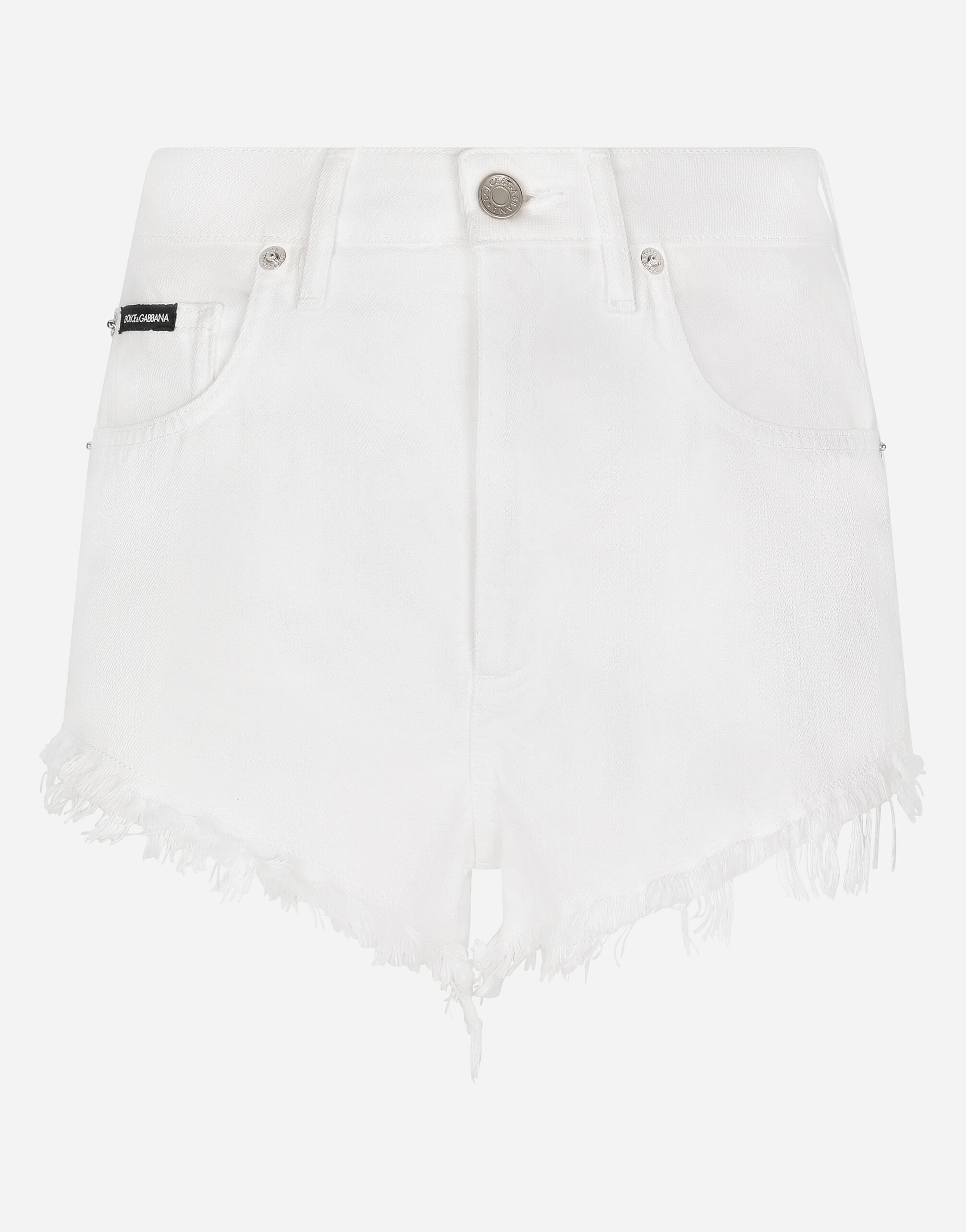 ${brand} Denim shorts with ripped details and abrasions ${colorDescription} ${masterID}