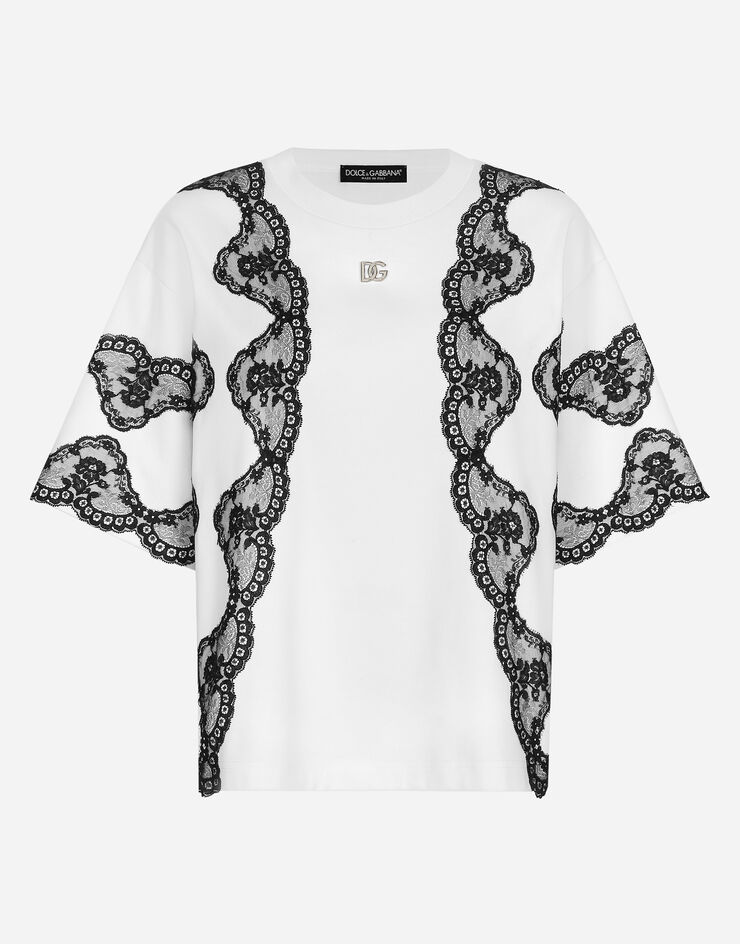 Dolce & Gabbana Camiseta de punto con aplicaciones de encaje y logotipo DG Blanco F8V17ZHU7H8