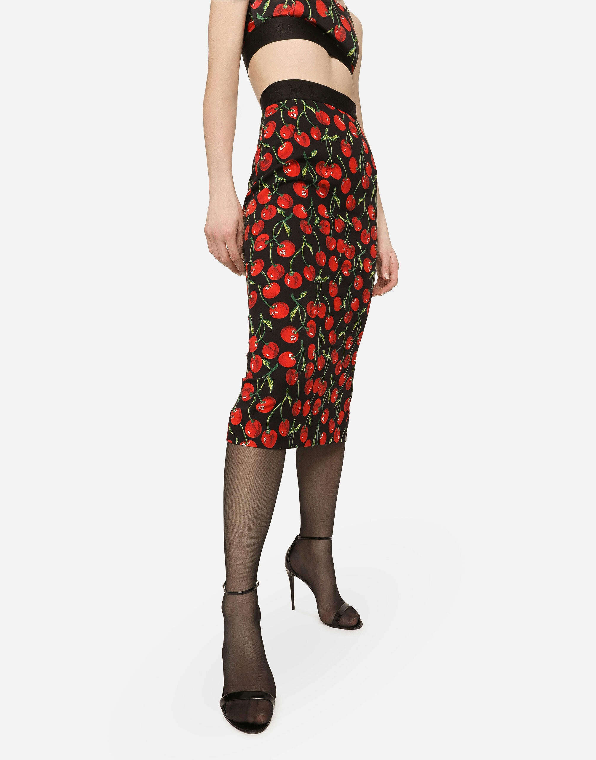High-waisted charmeuse calf-length skirt with cherry print in 