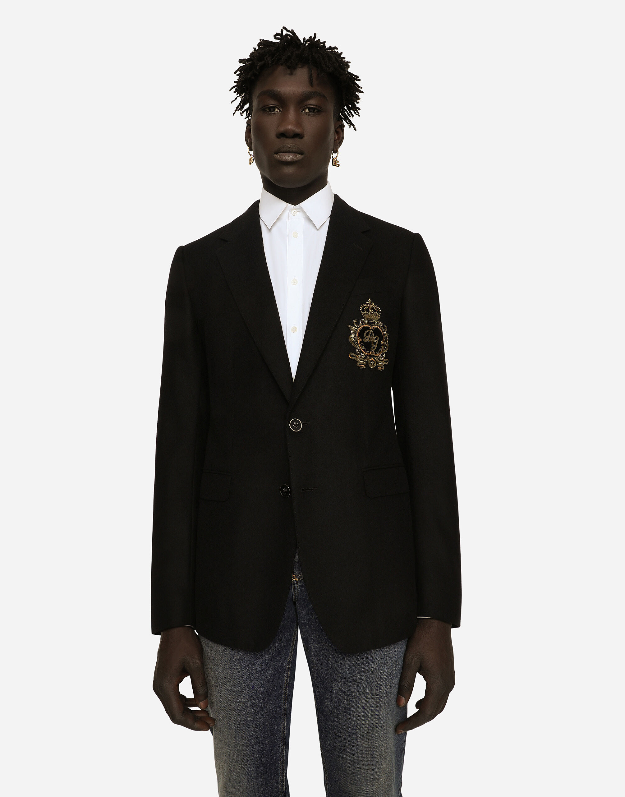 Single-breasted wool and cashmere jacket with DG patch in Black 