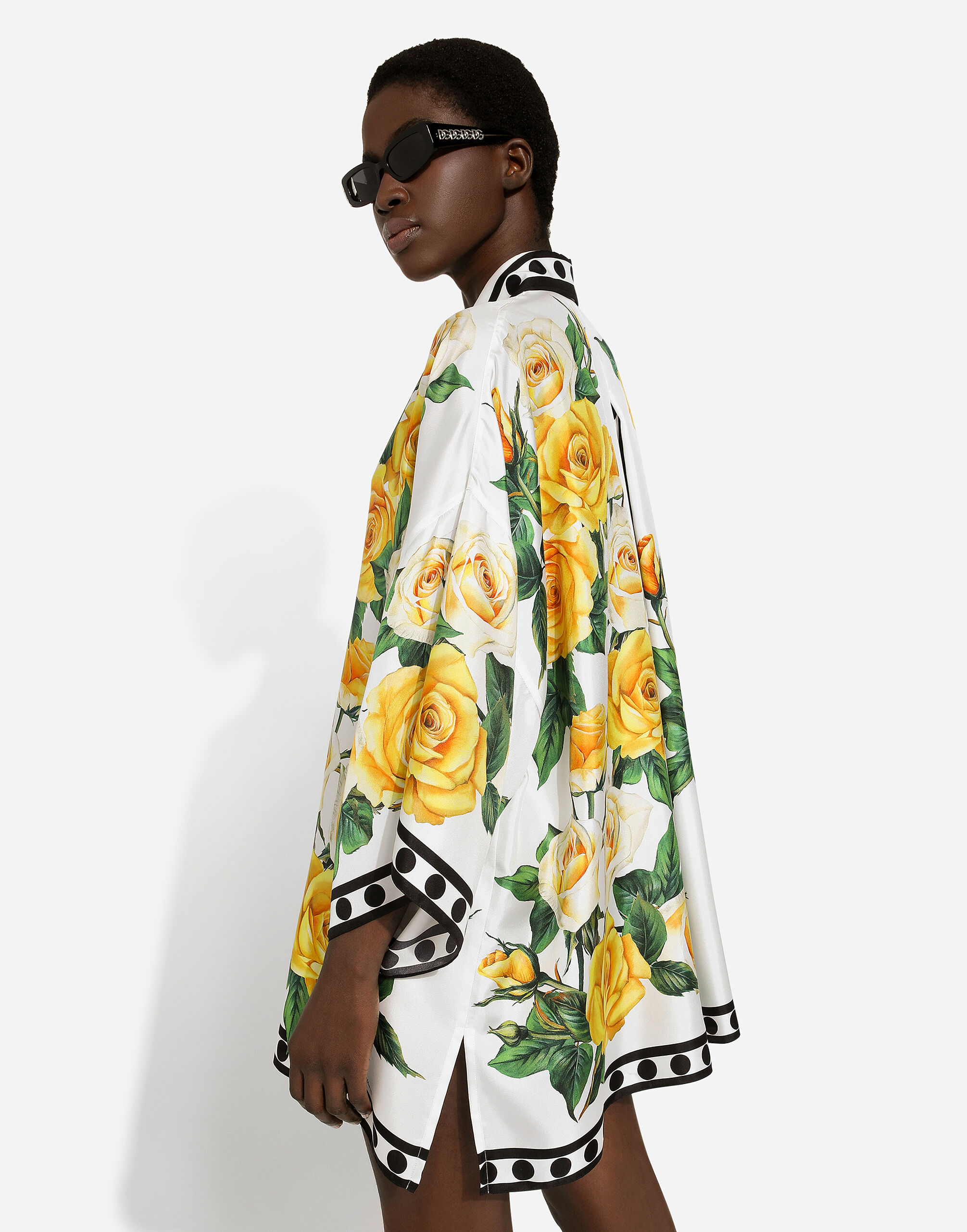 Oversize silk shirt with yellow rose print in Print for 