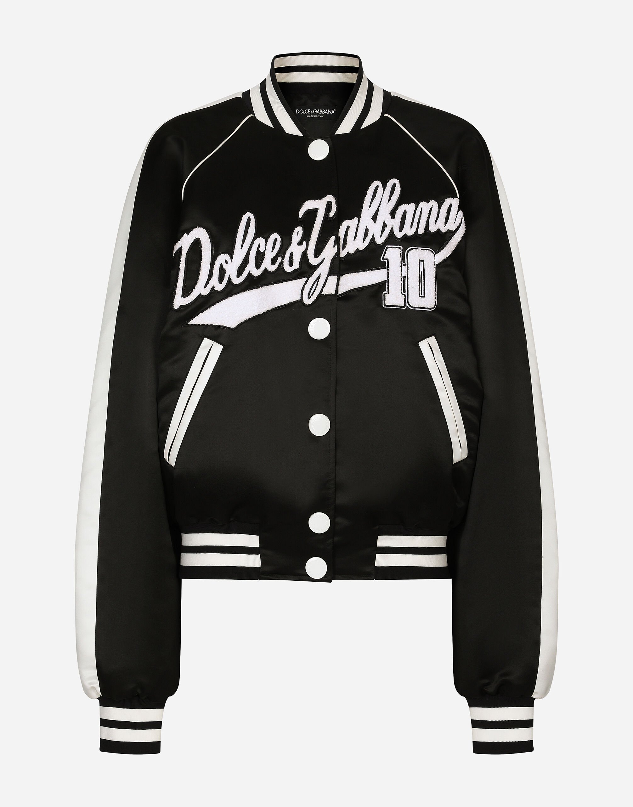 Dolce & Gabbana Satin varsity bomber jacket with Dolce&Gabbana embroidery Black F26R2TOUADW