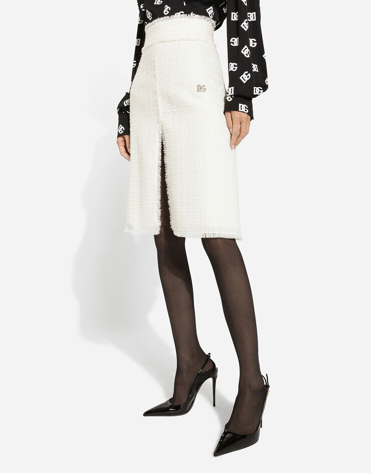 Dolce & Gabbana Jupe midi en tweed Rachel à fente centrale Blanc F4CJHTGDCAW