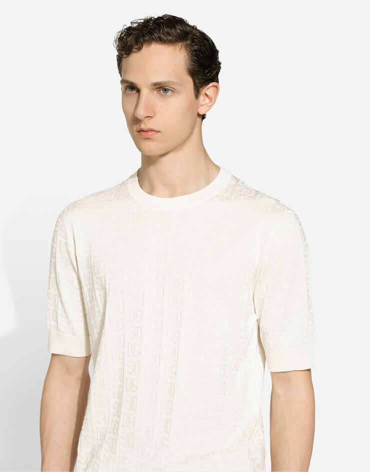 Dolce & Gabbana Pull ras de cou en soie jacquard à logo DG Blanc GXX03TJBSKE