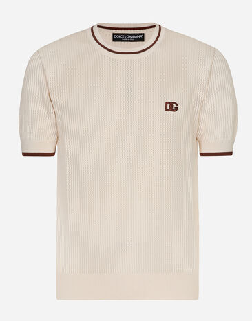 Dolce & Gabbana Round-neck cotton sweater with DG logo Havana beige VG446EVP473