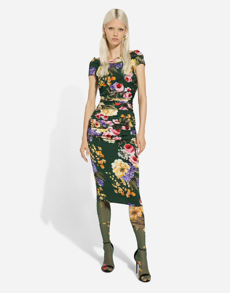 Dolce & Gabbana Vestido de tubo drapeado de charmeuse con estampado de jardín Estampado F6FAETFSA57