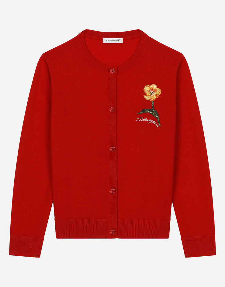 Dolce & Gabbana Cardigan in maglia con fiore e logo Dolce&Gabbana Rosso L5KWH6JCVV2