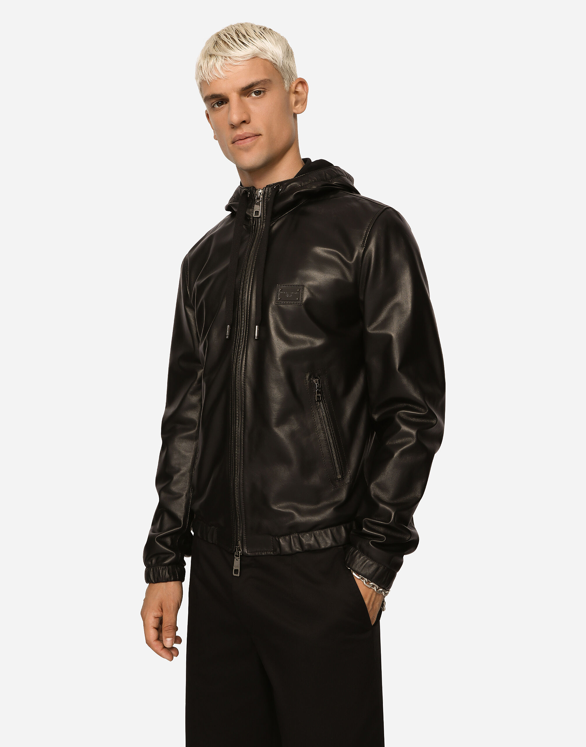 Leather jacket with hood and branded tag in Black for Men 