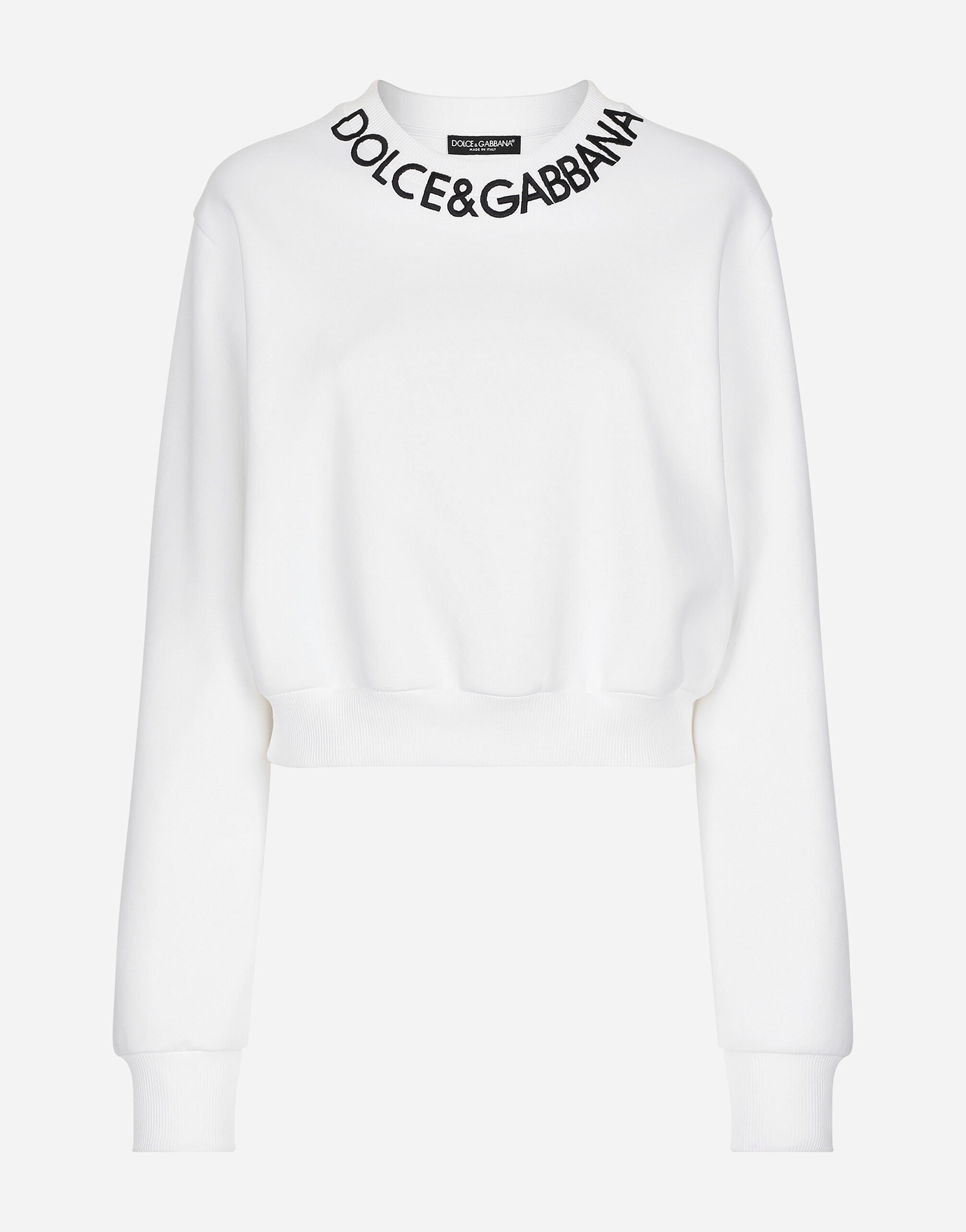 Dolce & Gabbana Kurzes Sweatshirt aus Jersey mit Logostickerei am Kragen Weiss F8V06TGDCK6