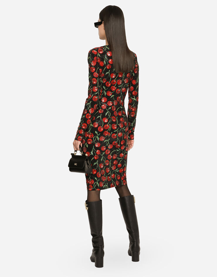 Dolce&Gabbana Cherry-print jersey midi dress with fusible rhinestones Multicolor F6CPQZGDBV6