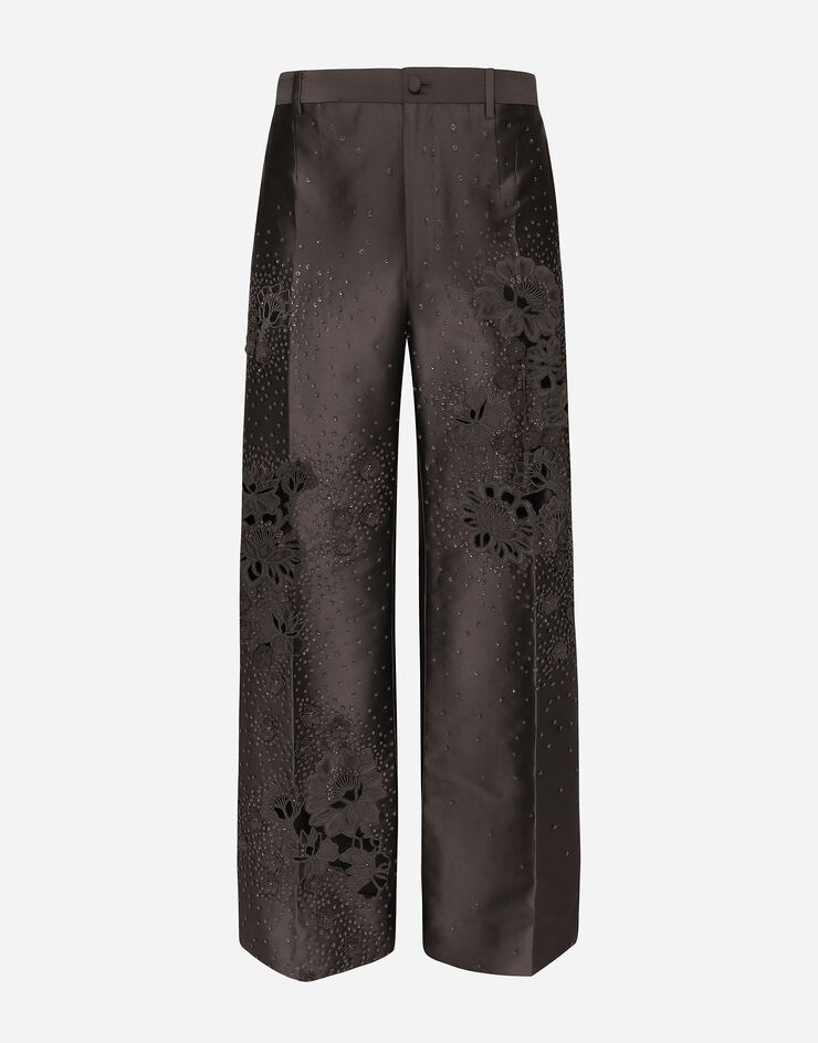 Dolce & Gabbana Pantalone sartoriale in seta Mikado con ricamo Grigio GP01PZGH638