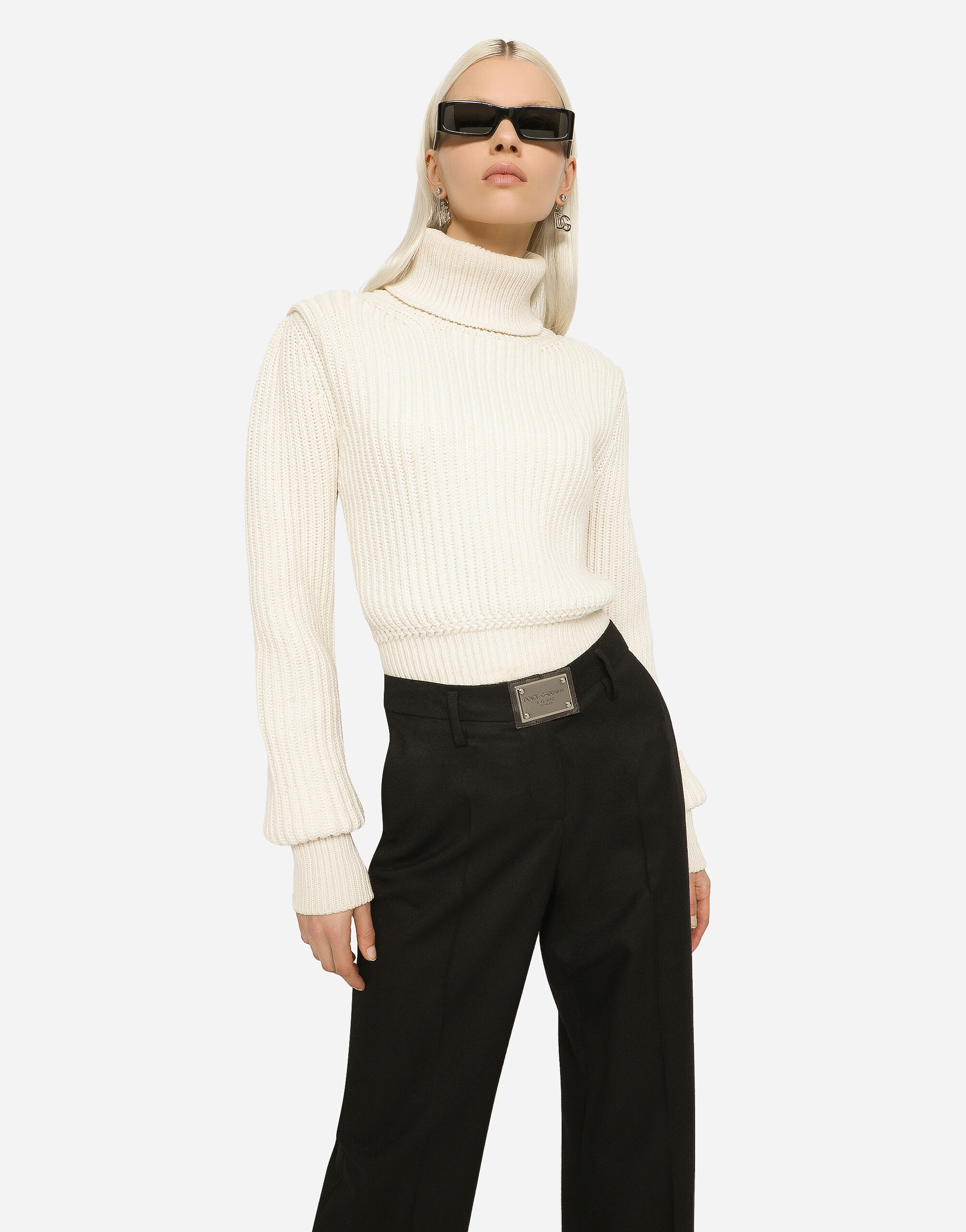 Wool fisherman's rib turtle-neck sweater with DG logo in White for