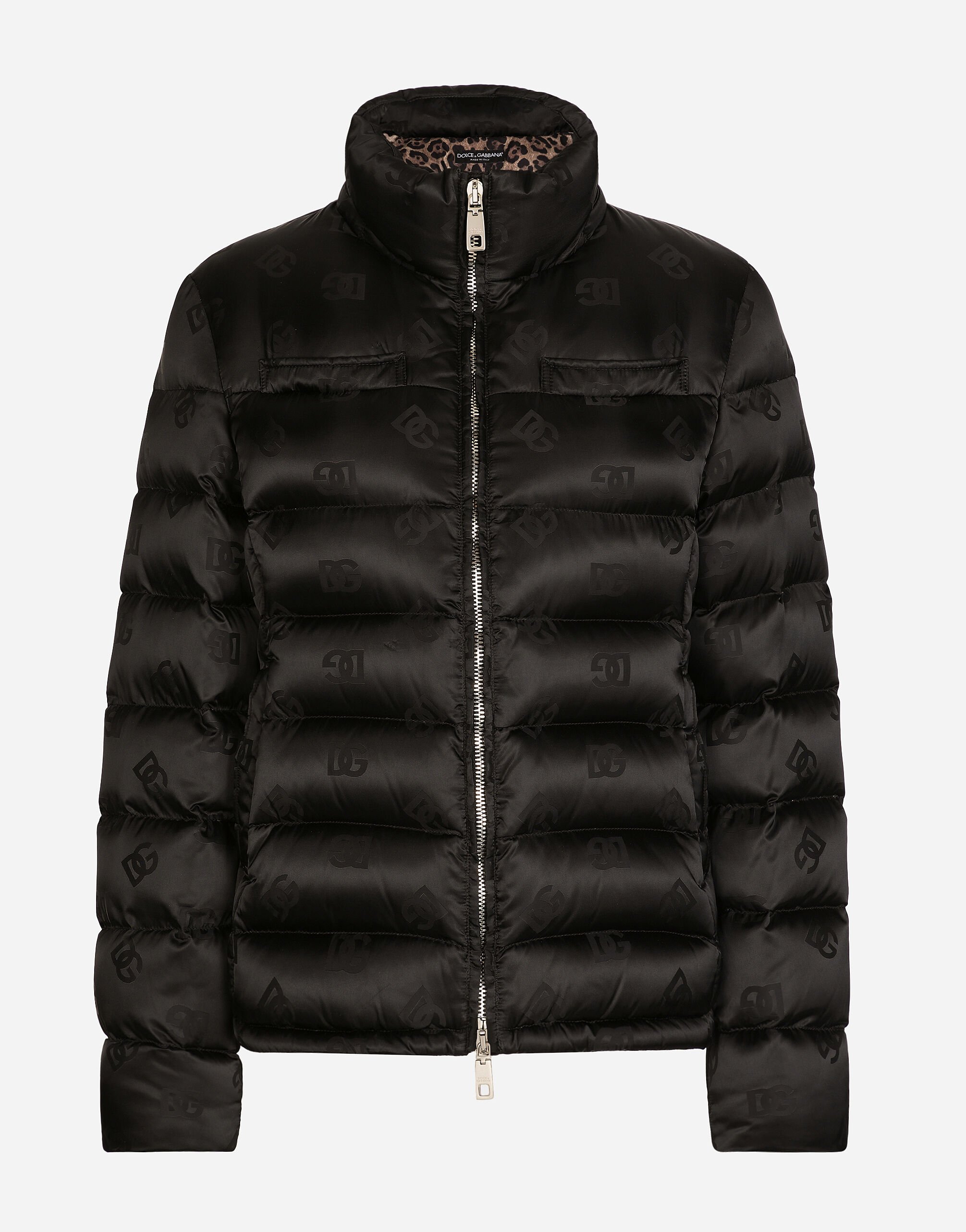 ${brand} Padded satin jacquard down jacket with all-over DG logo ${colorDescription} ${masterID}