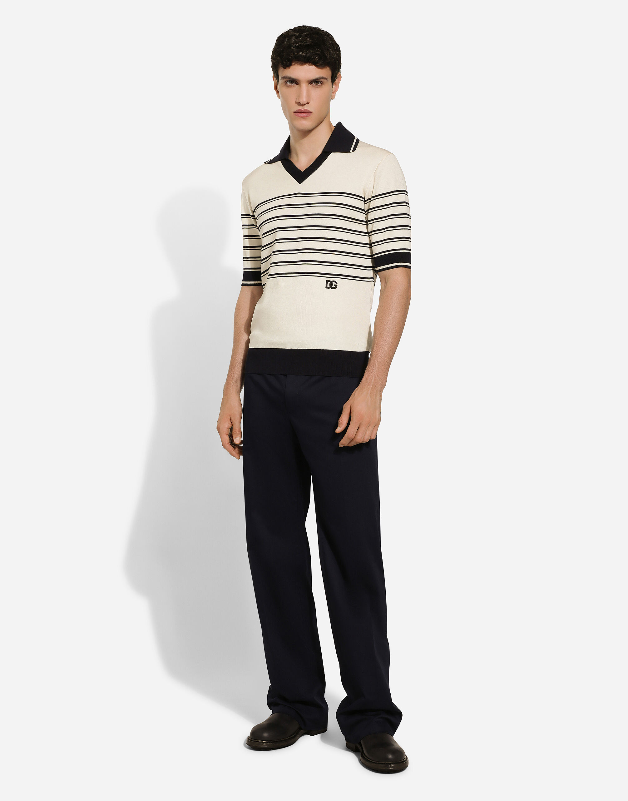 Striped silk V-neck polo-shirt with DG logo