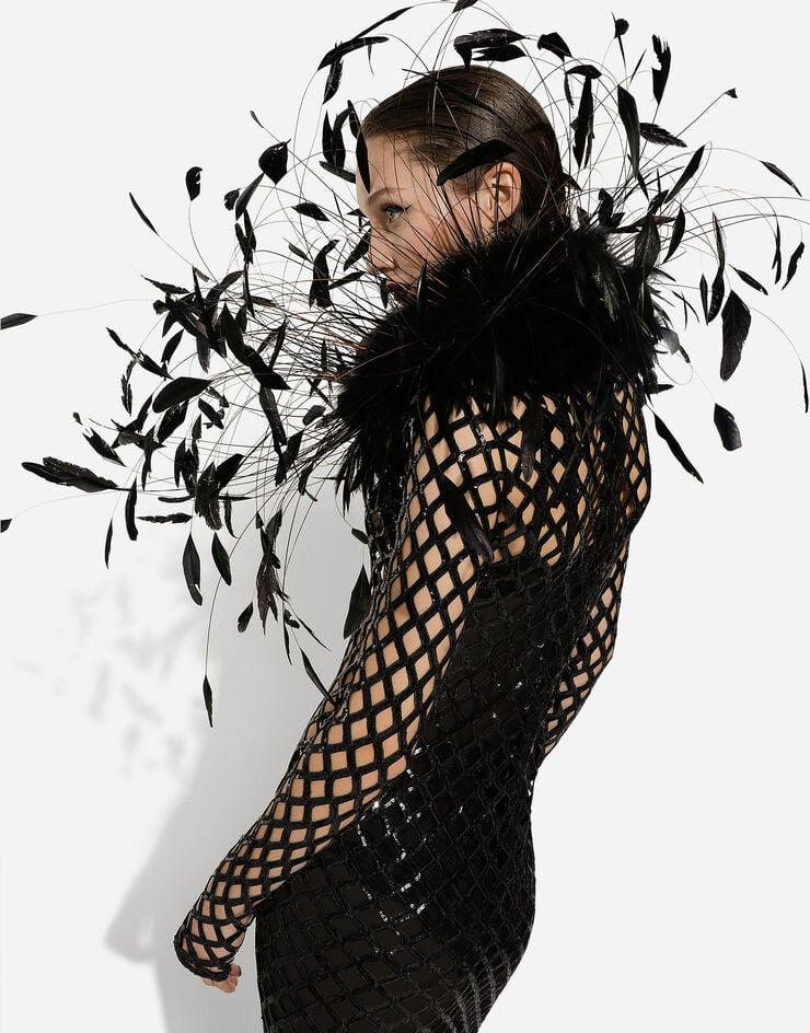 Dolce & Gabbana Robe longue en mesh brodée de paillettes Noir F6DFDTFLSIO