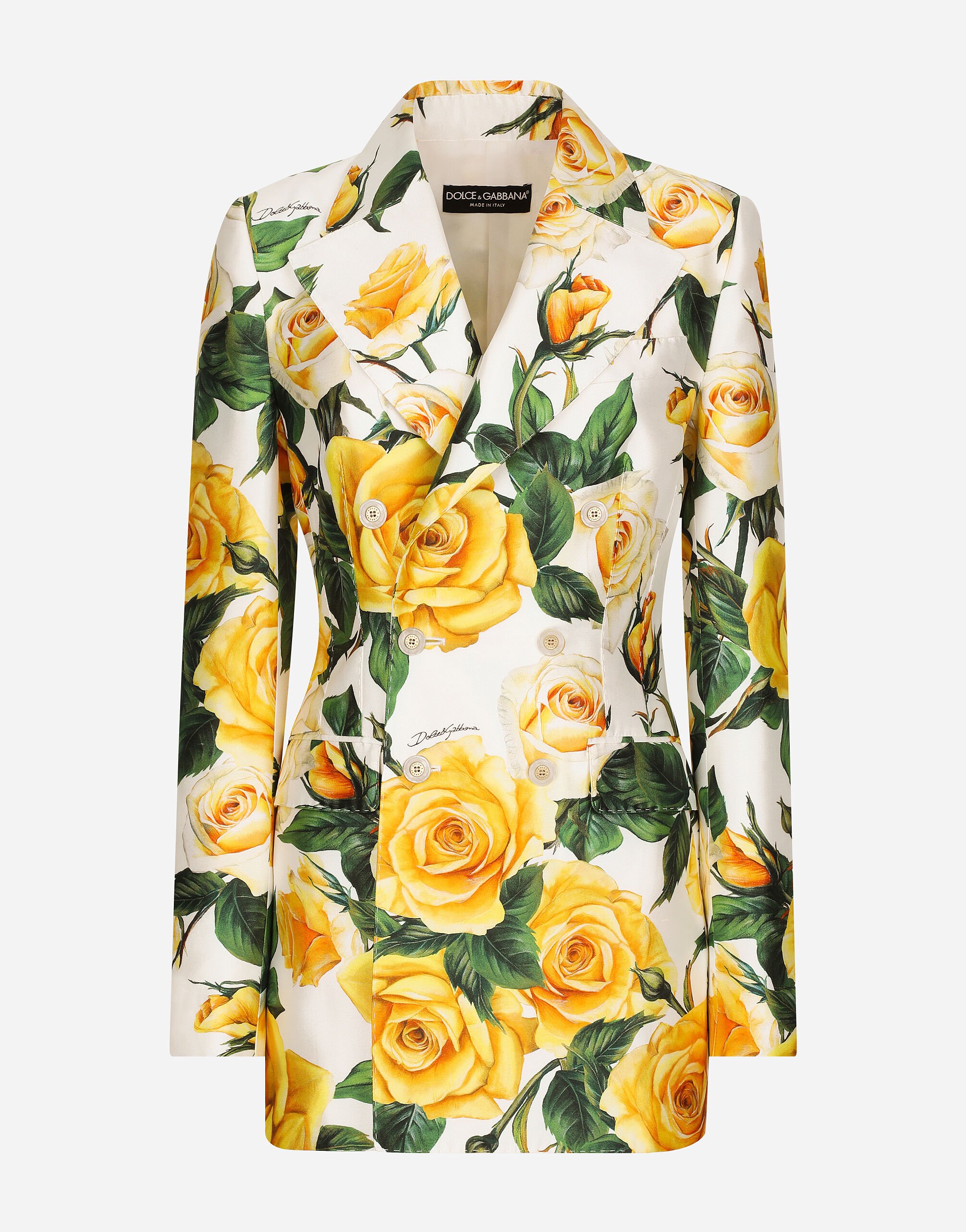 ${brand} Double-breasted Turlington jacket in yellow rose-print mikado ${colorDescription} ${masterID}
