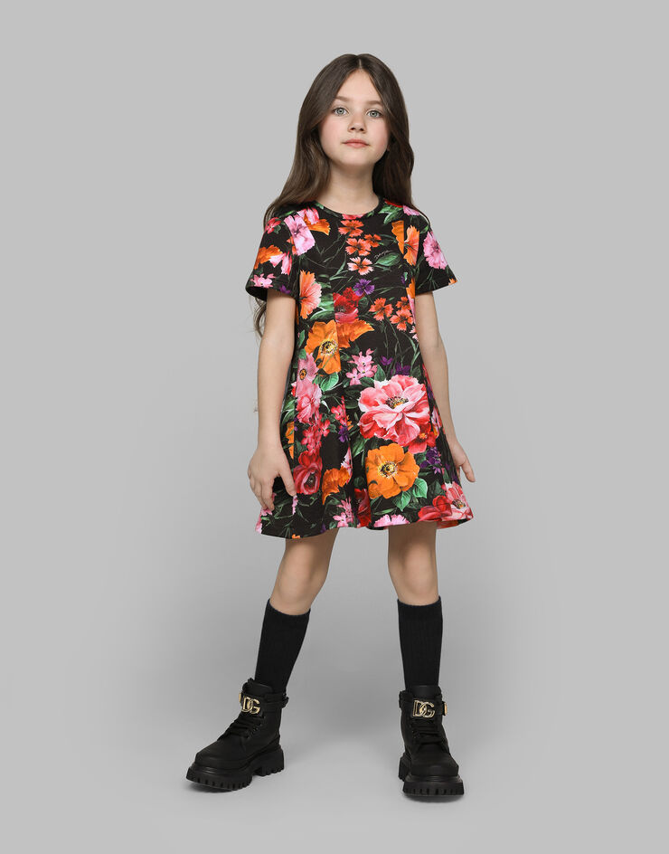 Dolce & Gabbana Kleid aus Neopren mit Blumenprint auf schwarzem Grund Drucken L5JD9MG7N3E