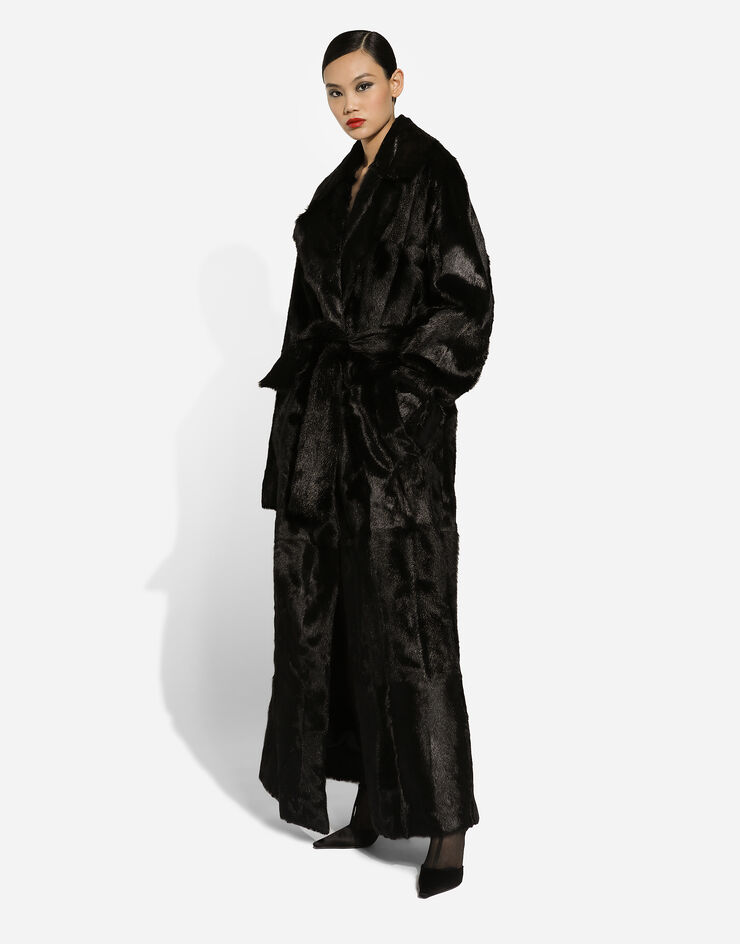 Dolce & Gabbana Goatskin coat with belt Black F0G1HFFUP9E