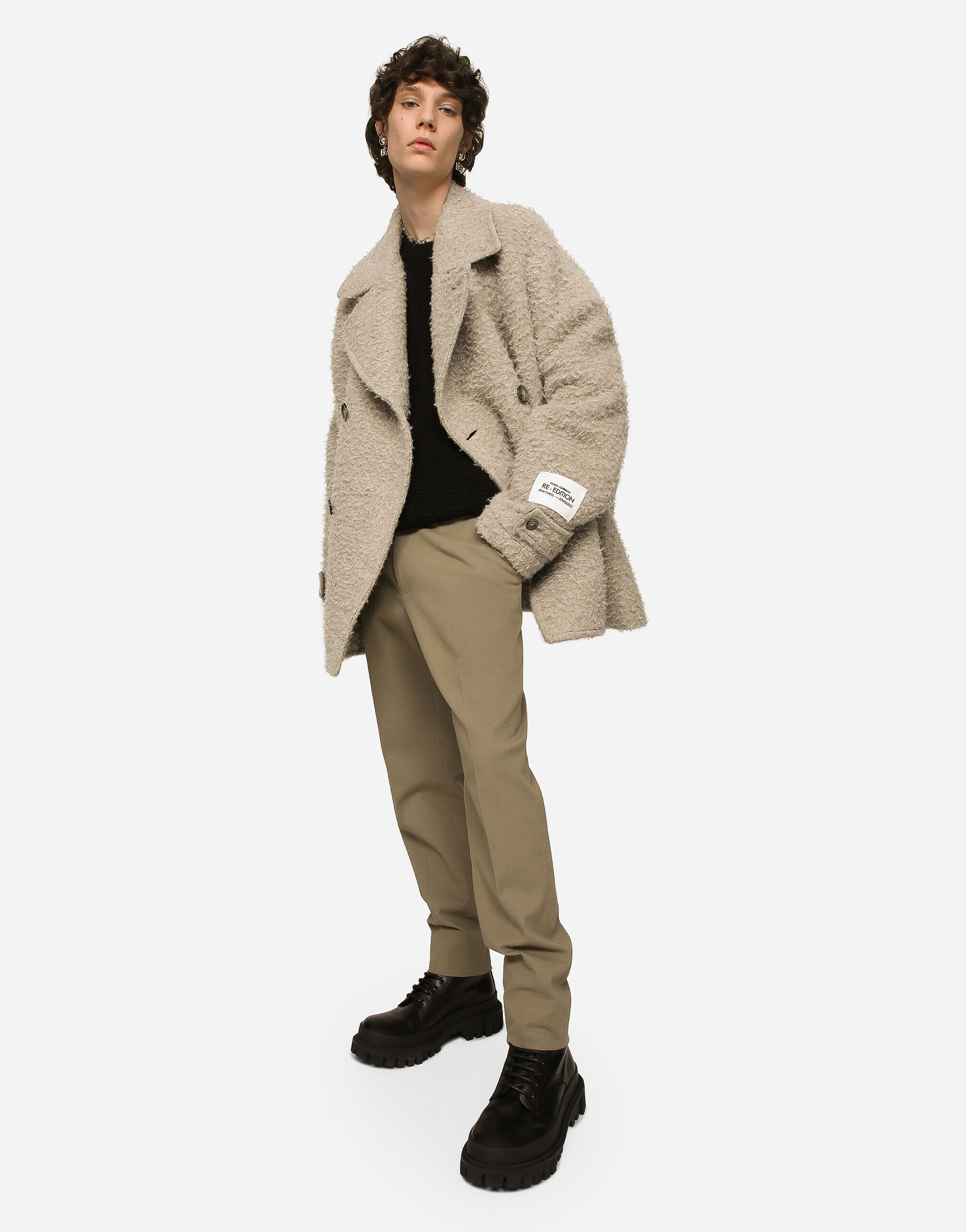男士米色Vintage-look double-breasted wool and cotton pea coat
