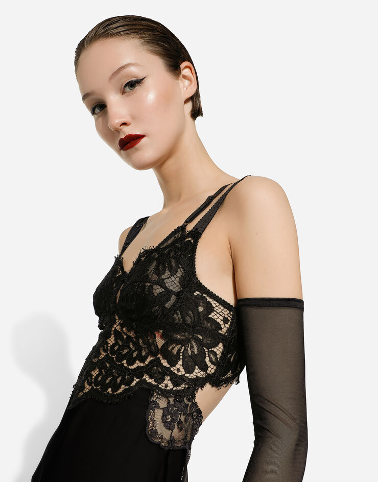 Dolce&Gabbana Long silk chiffon dress with lace body 블랙 F6DKITFU1AT