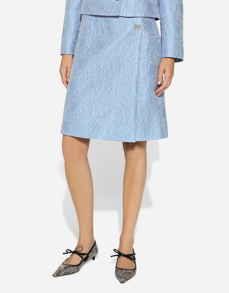 Dolce & Gabbana Jupe midi en jacquard floral matelassé à logo DG Bleu Ciel F4CJ2THJMOK