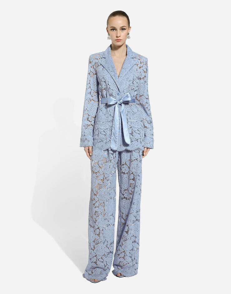 Dolce & Gabbana Pyjamabluse aus floraler Kordelspitze mit DG-Logo Azurblau F5R56THLM7L