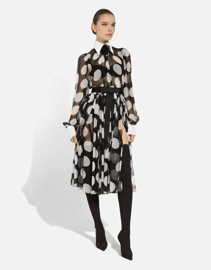 Dolce & Gabbana Longuette-Kleid aus Chiffon Punkteprint mit Details aus Piqué Drucken F6JGHTHS10S