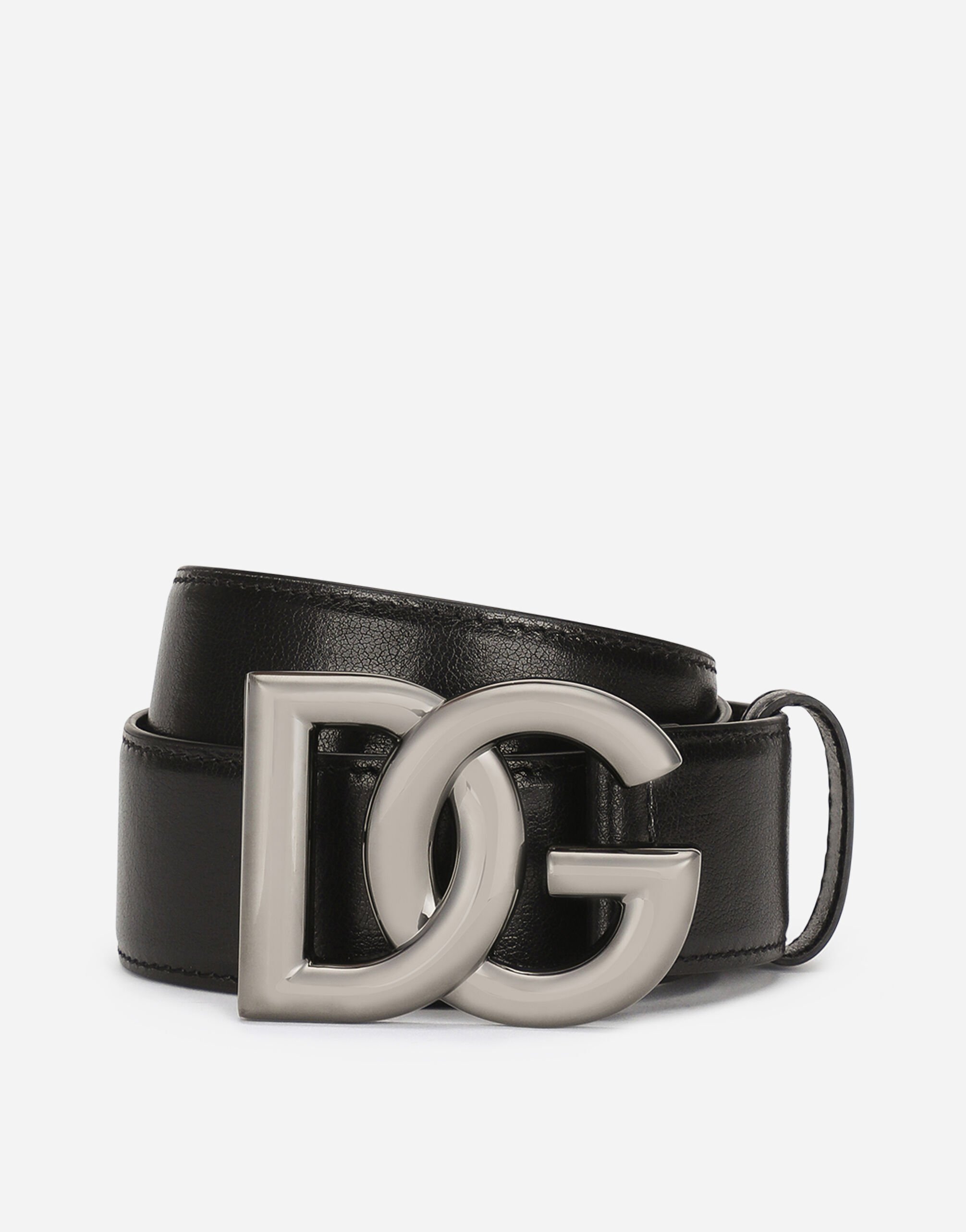 Dolce & Gabbana حزام من جلد العجل بمشبك شعار DG متقاطع فضي BC4804AO730