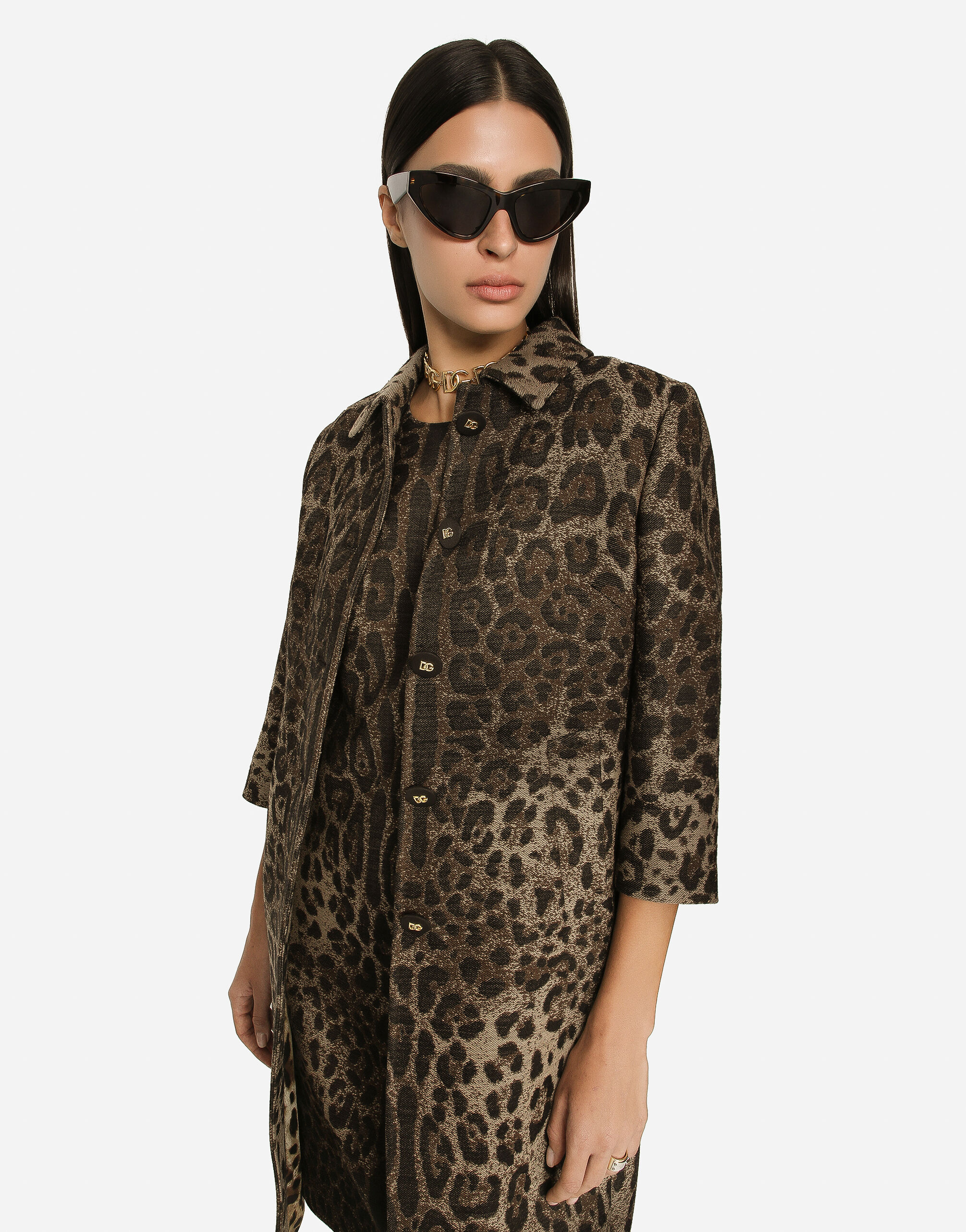 Single-breasted wool jacquard coat with leopard design