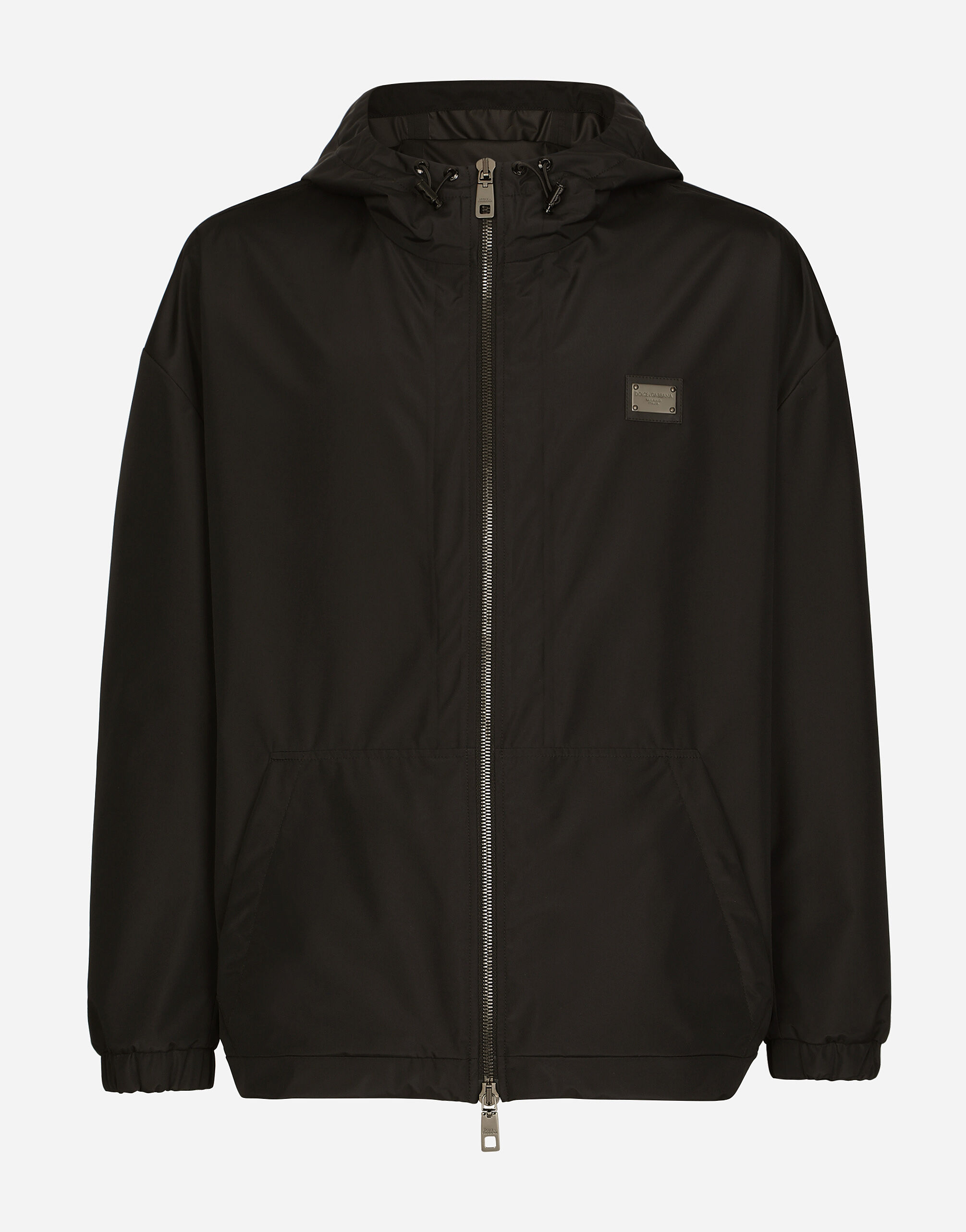 Nylon jacket with hood and branded tag