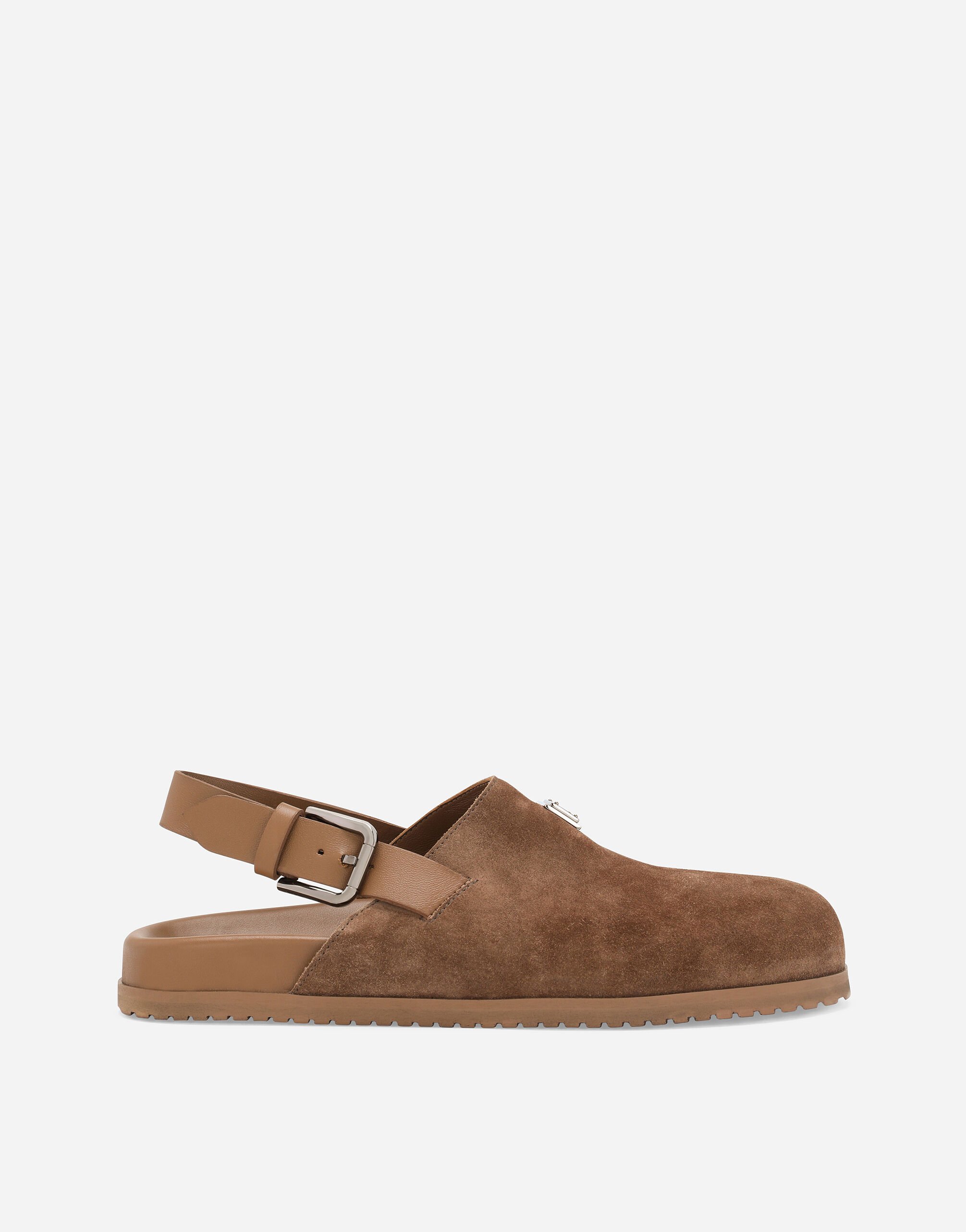 ${brand} Suede mules with logo tag ${colorDescription} ${masterID}