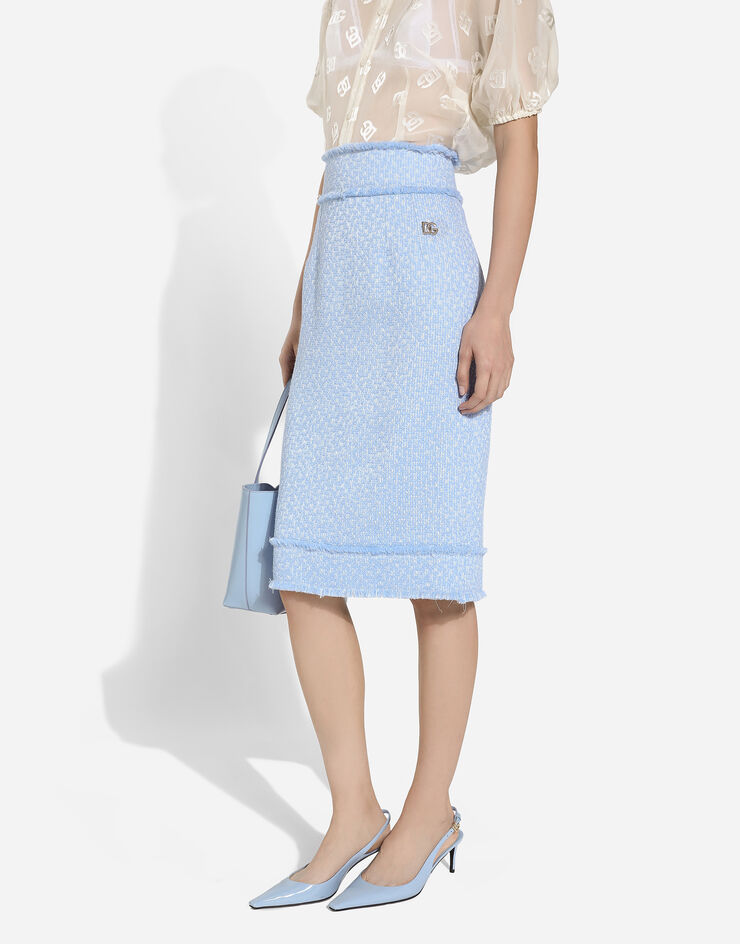 Dolce & Gabbana Calf-length raschel tweed pencil skirt with DG logo Azure F4CX3THUMUA