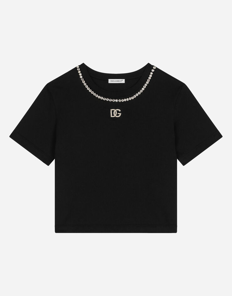 Dolce&Gabbana Short-sleeved jersey T-shirt with rhinestones Black L5JTKTG7K5Q