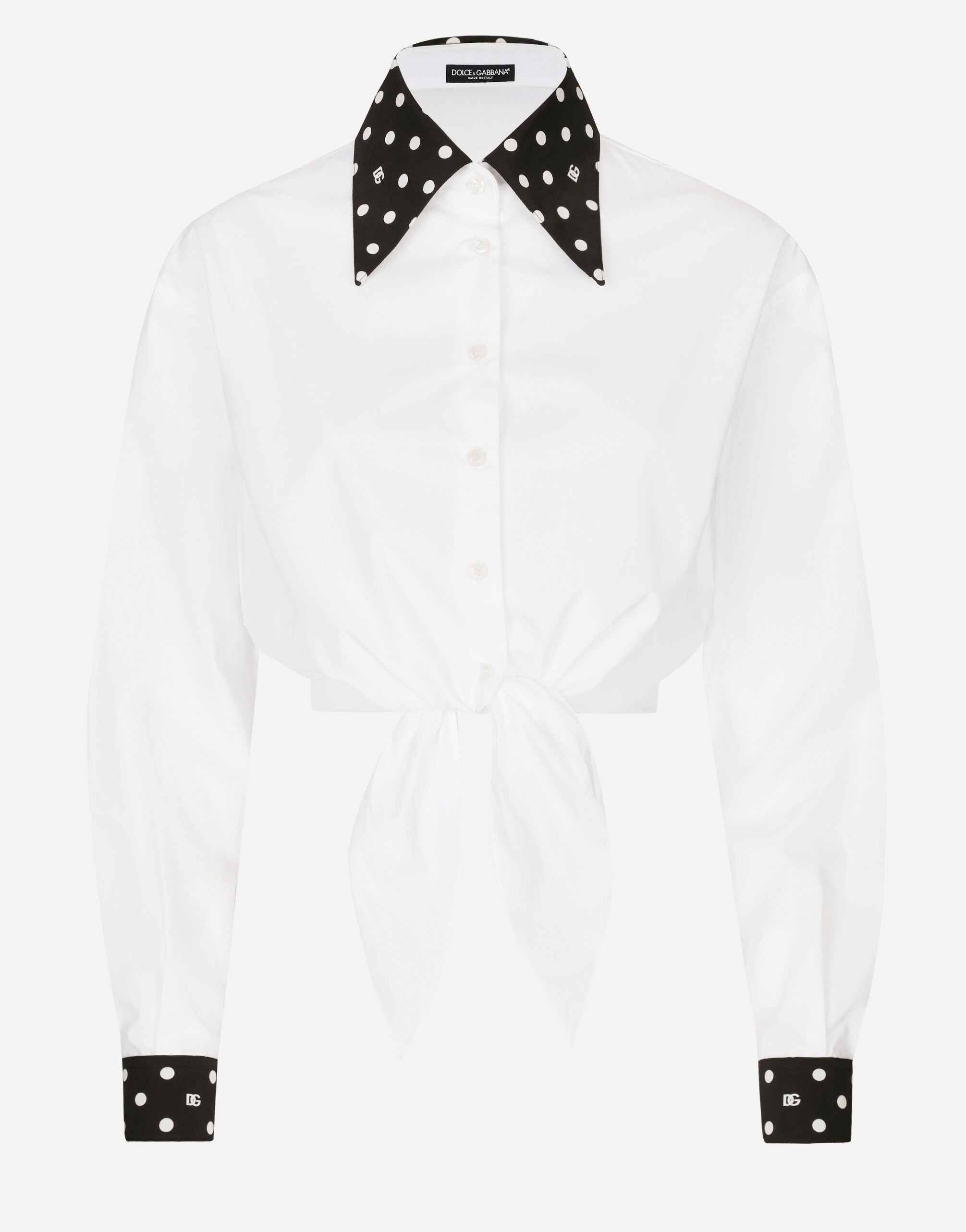 Dolce & Gabbana قميص قصير من قطن بوبلين بتفصيل عقدة وطبعة منقطة مطبعة F755PTHH5EA
