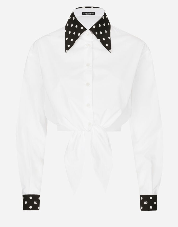 Dolce & Gabbana قميص قصير من قطن بوبلين بتفصيل عقدة وطبعة منقطة أبيض F5P61TGDCMO