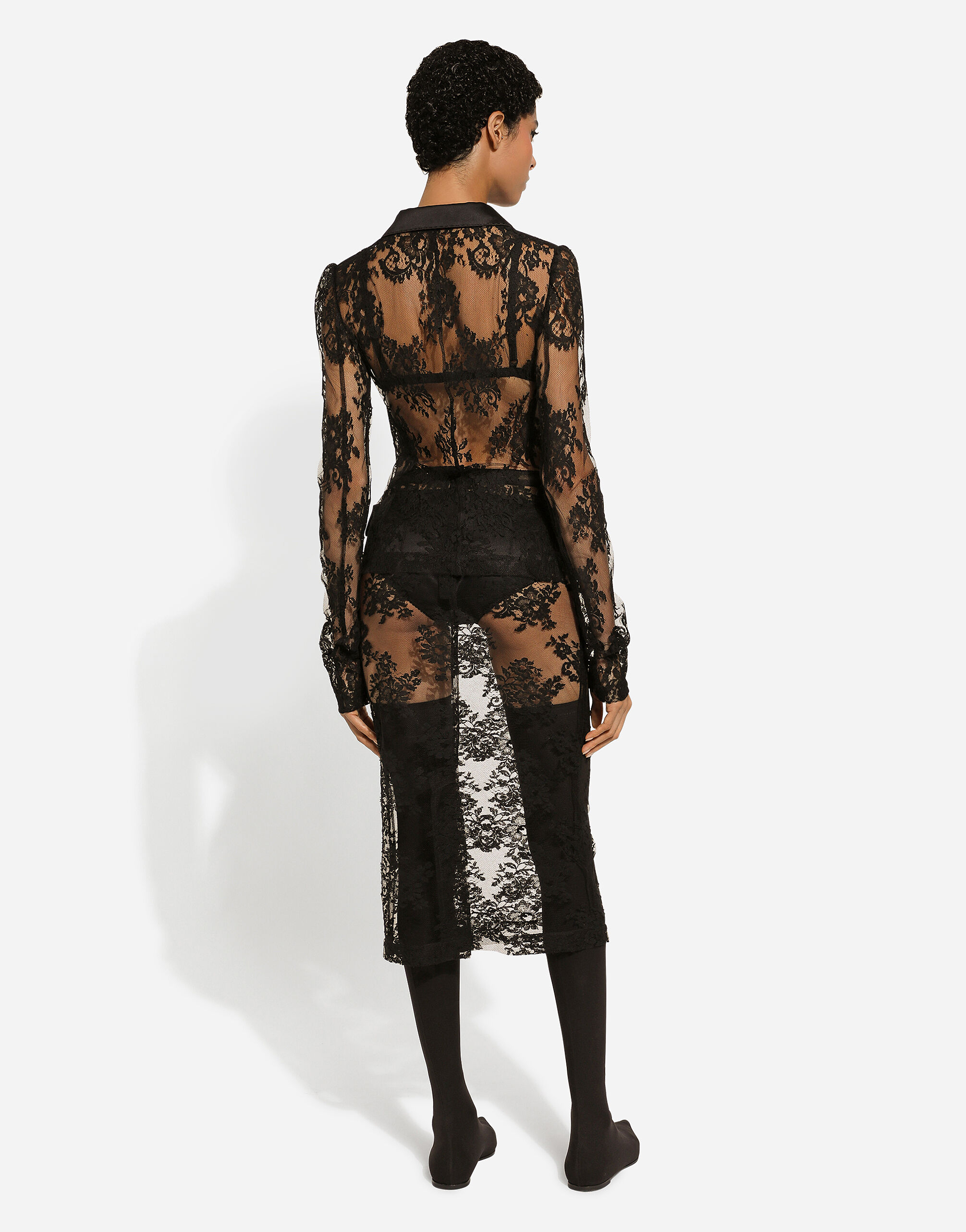 Floral lace jacket with satin details in Black for Women 