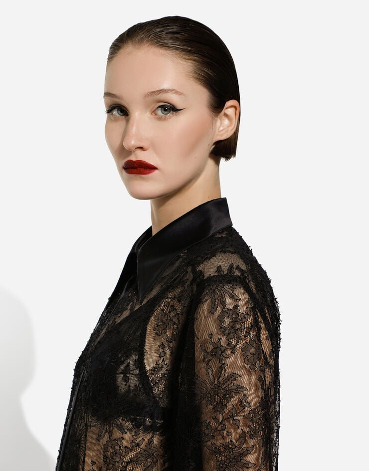 Dolce&Gabbana 새틴 디테일 샹티이 레이스 셔츠 블랙 F5R42TMLMAE