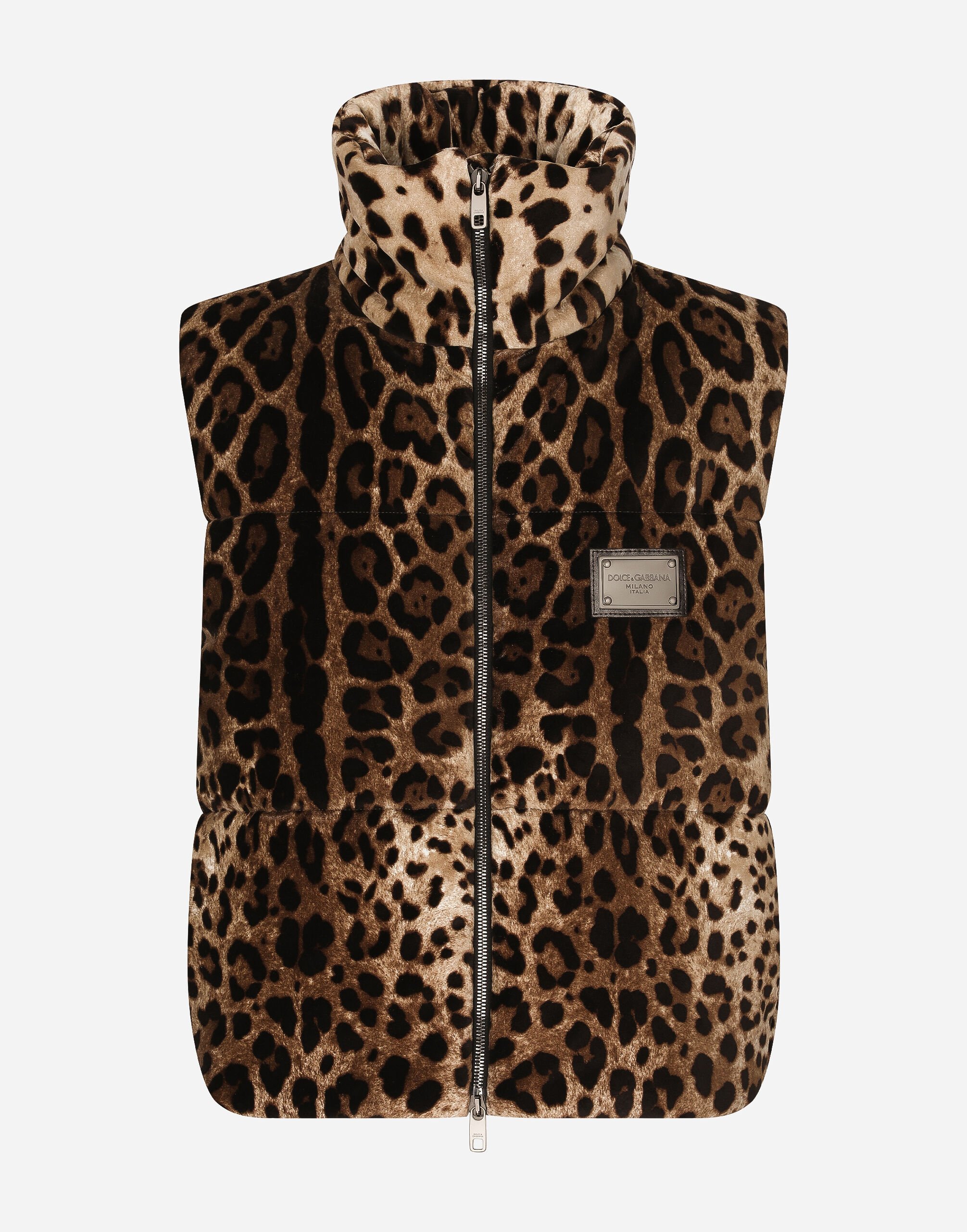 ${brand} Sleeveless leopard-print jacket with logo tag ${colorDescription} ${masterID}
