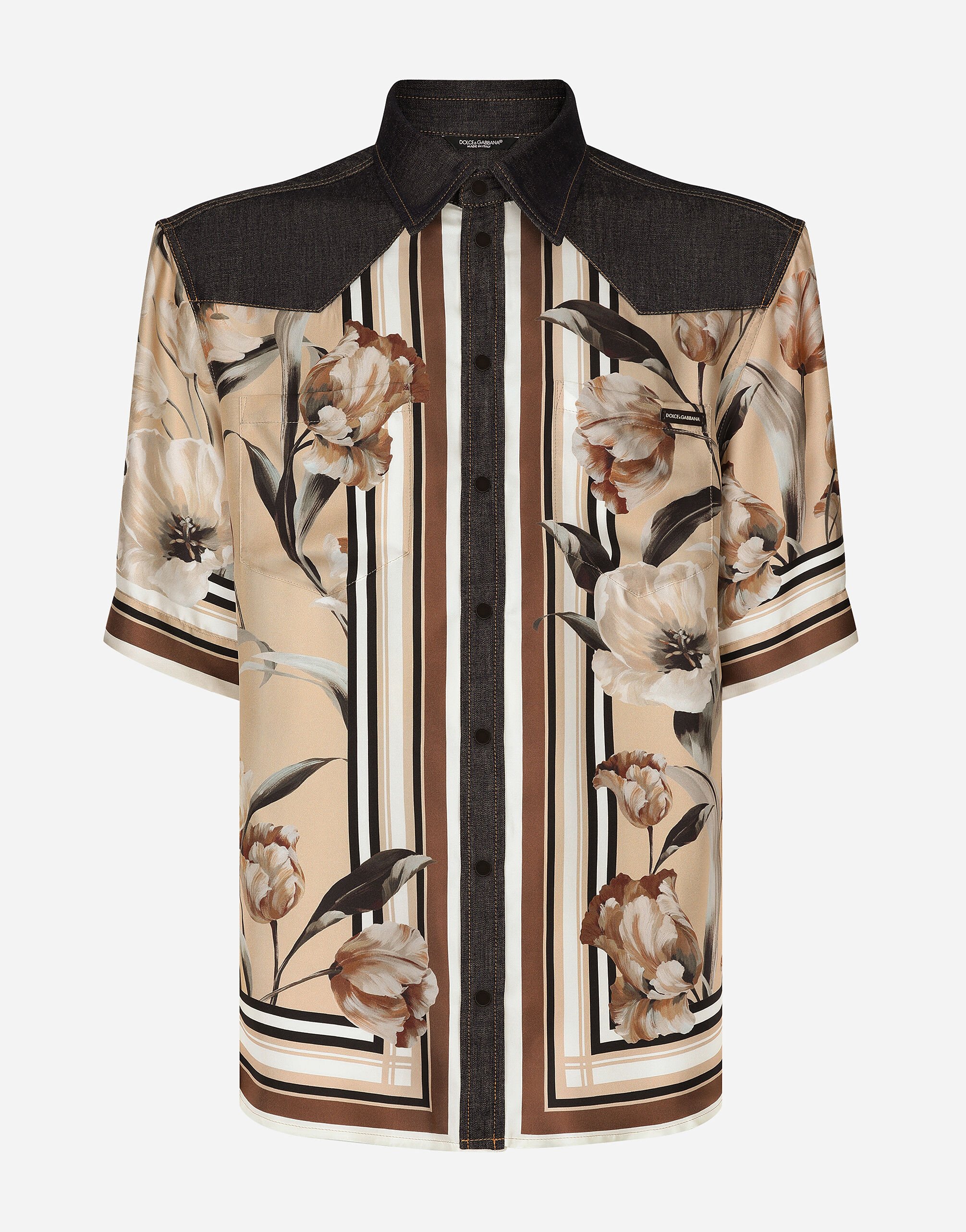 Dolce & Gabbana Silk and denim shirt with floral print Beige G9AVETGH485