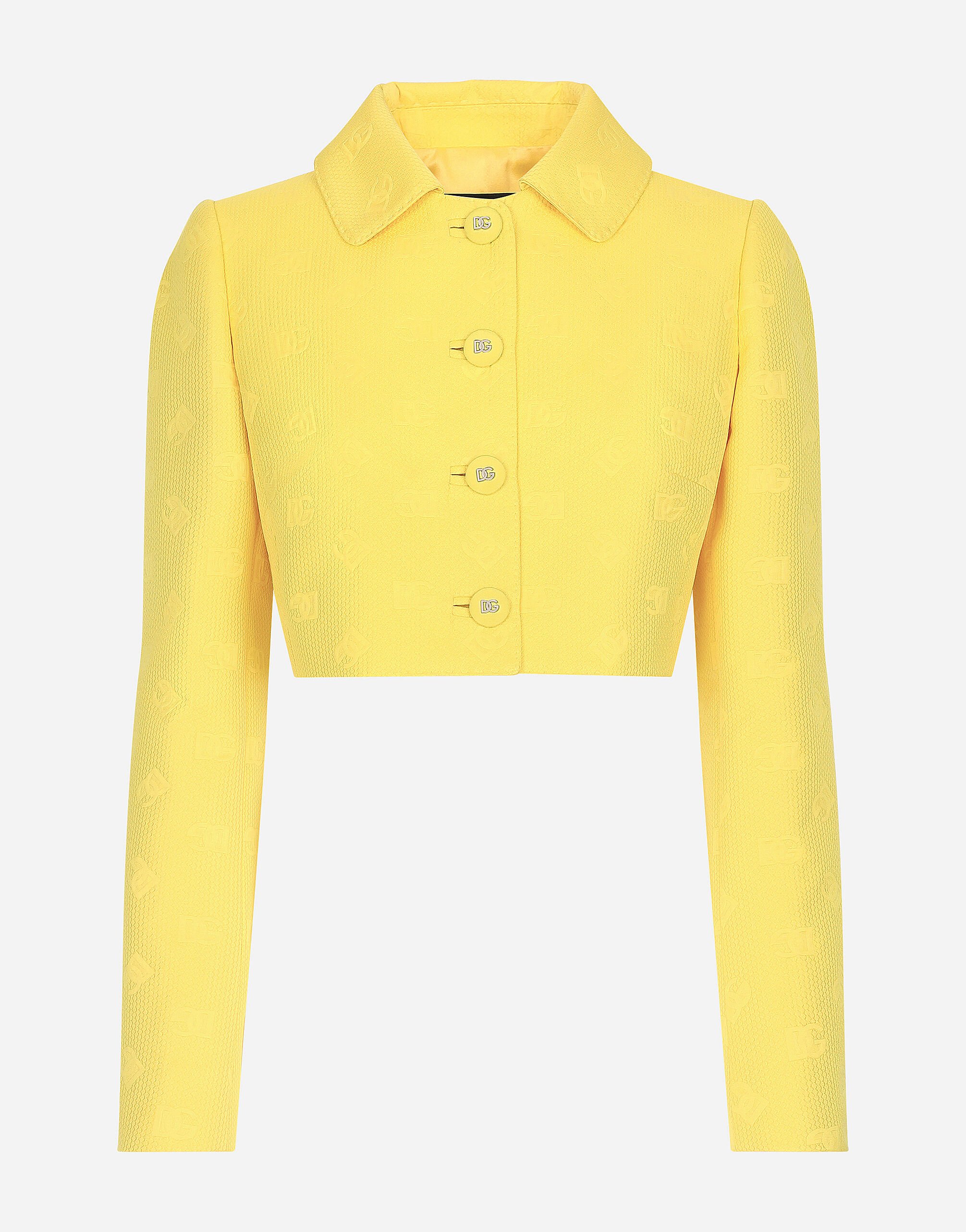 Dolce & Gabbana Short quilted jacquard jacket with DG logo Yellow F29UCTHJMOK