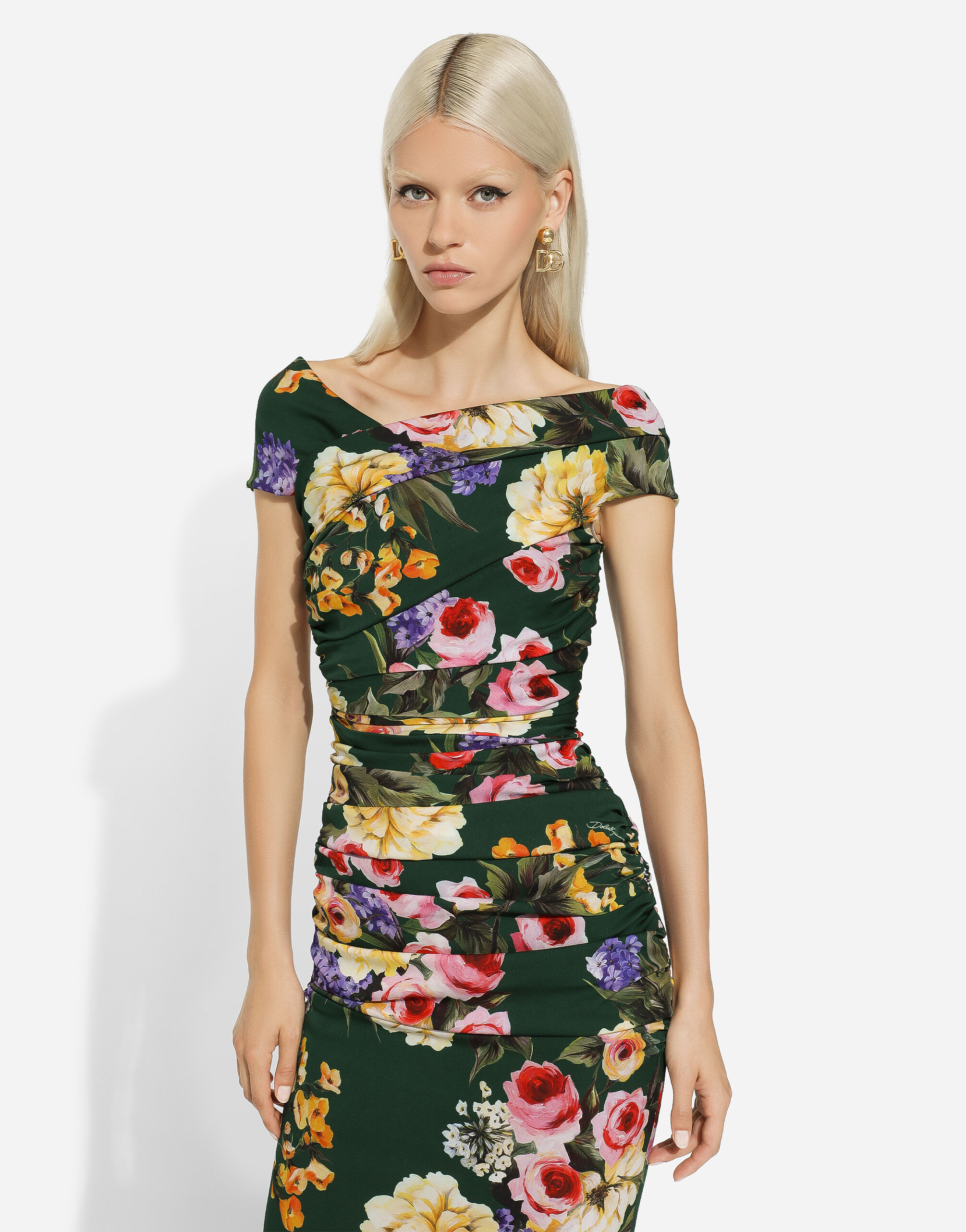 Charmeuse draped sheath dress with garden print in Print for Women 