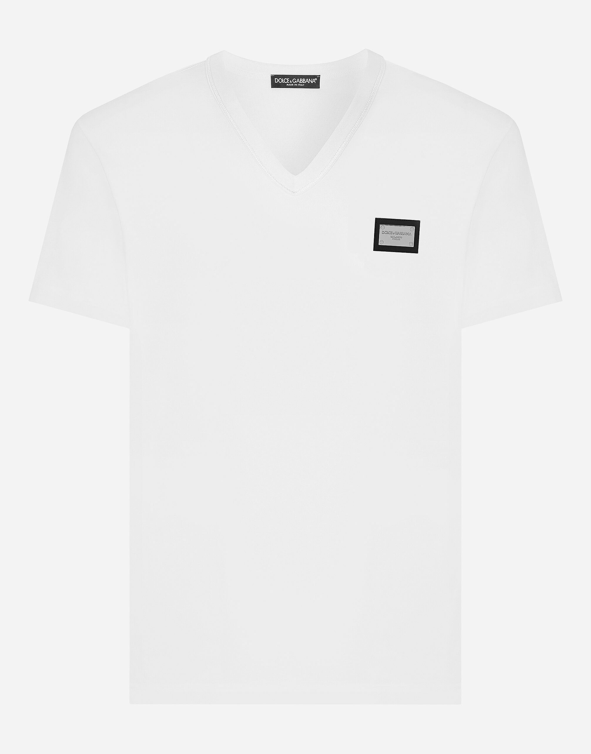 Dolce & Gabbana Camiseta de algodón con cuello de pico y placa con logotipo Negro VG4390VP187