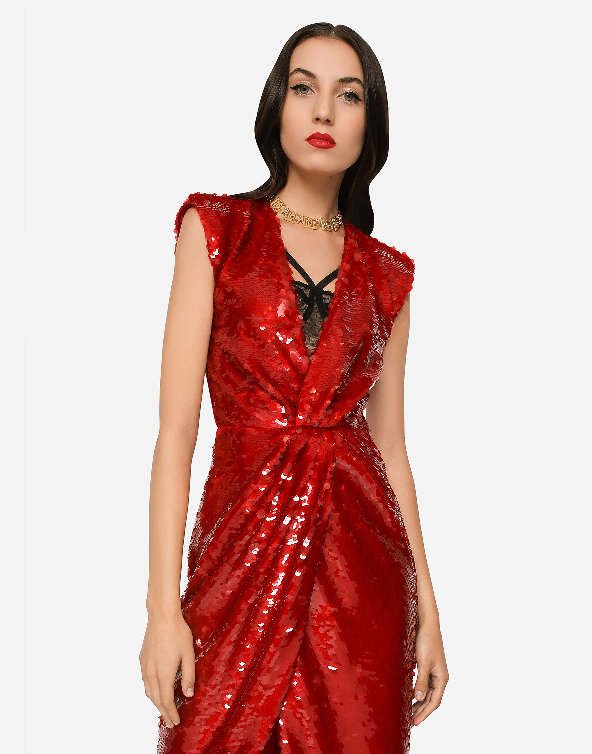 Long sequined dress with draping in Bordeaux for | Dolce&Gabbana® US