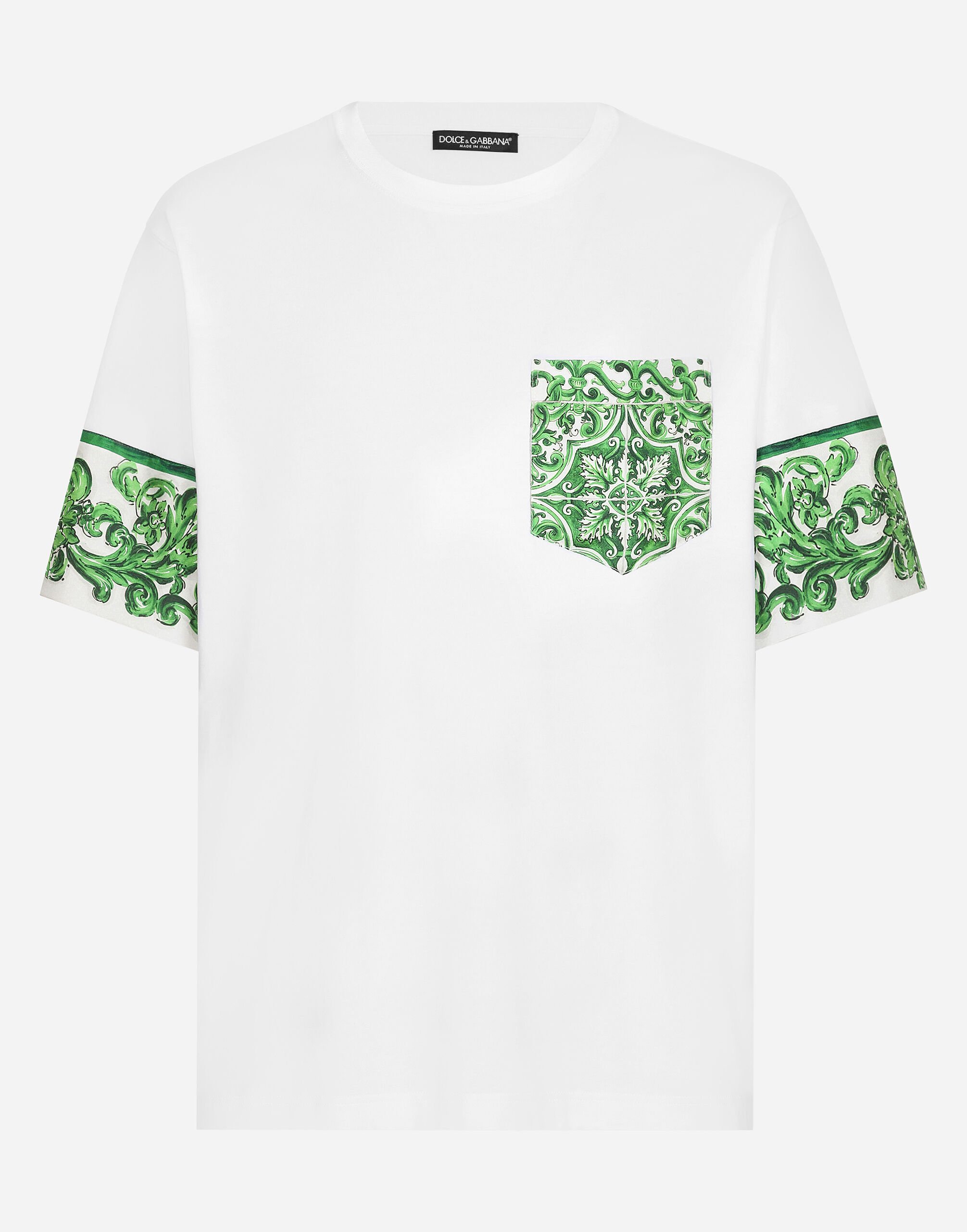 Dolce & Gabbana Cotton T-shirt with majolica-print breast pocket Beige G9AVETGH485