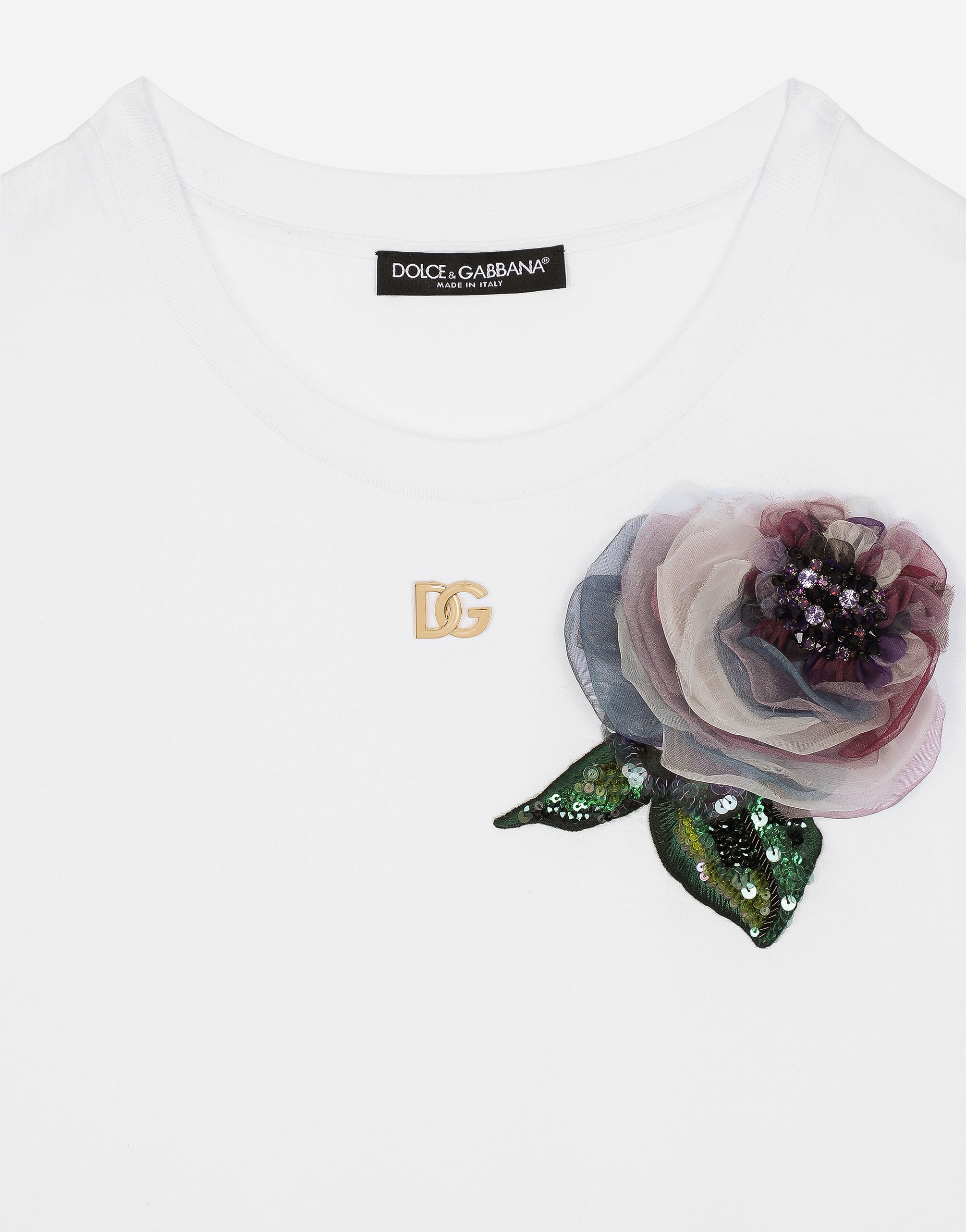 Cropped jersey T-shirt with flower appliqué