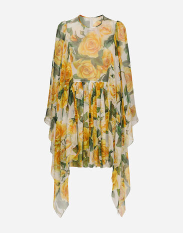 Dolce & Gabbana Short silk chiffon dress with yellow rose print Print F4BCVTFPTAW