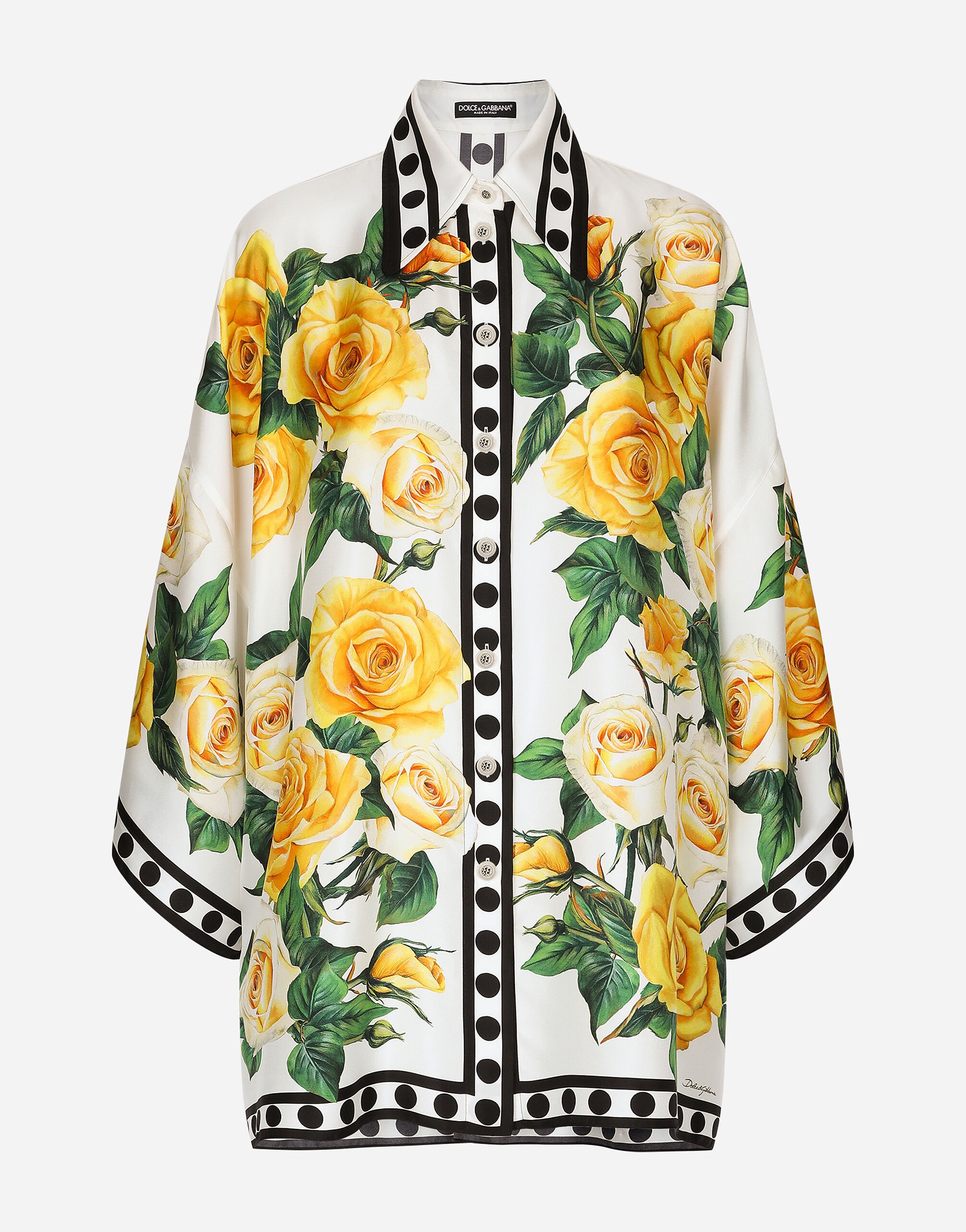${brand} Oversize silk shirt with yellow rose print ${colorDescription} ${masterID}