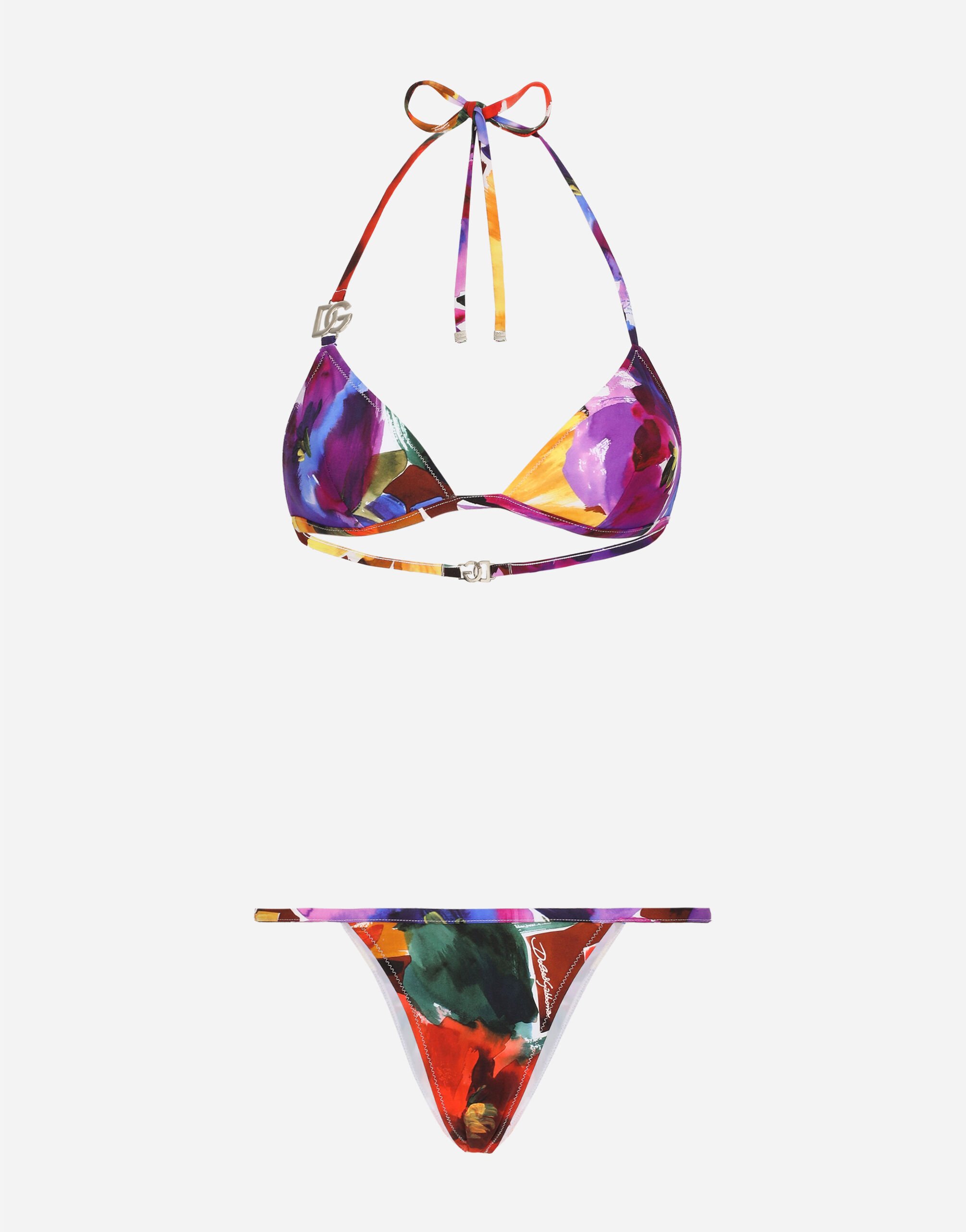 Dolce & Gabbana Triangle bikini with DG logo and abstract flower print White O8A28JONR29