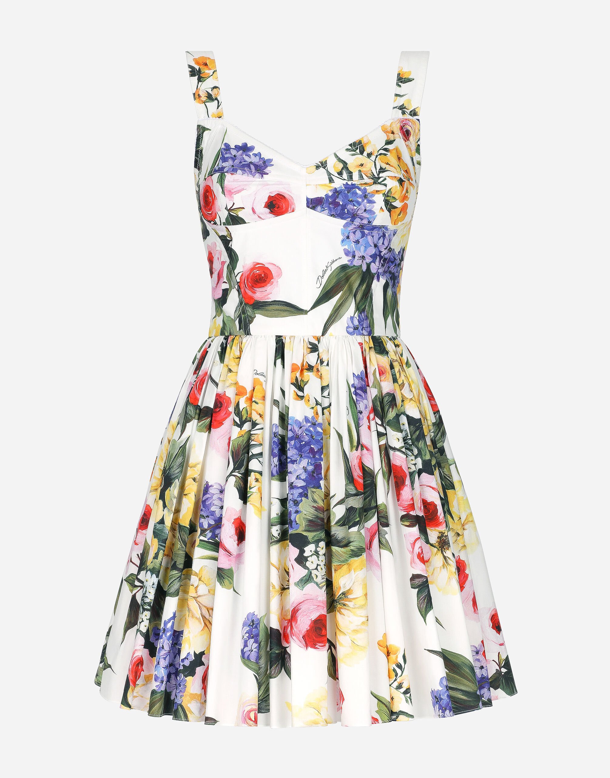 ${brand} Short cotton corset dress with garden print ${colorDescription} ${masterID}