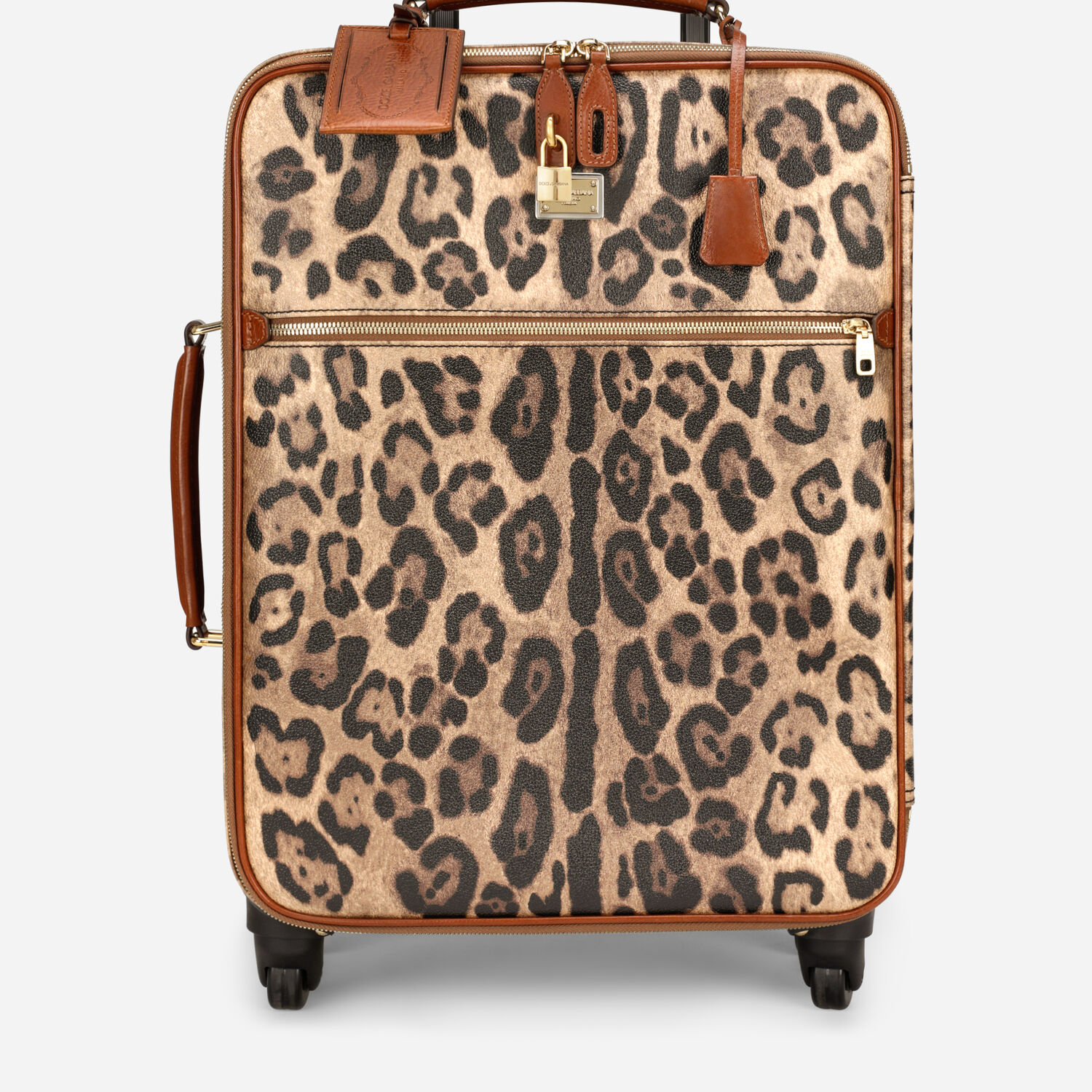 Dolce & Gabbana Medium Travel Bag in Leopard-Print Crespo with Branded Plate - Brown